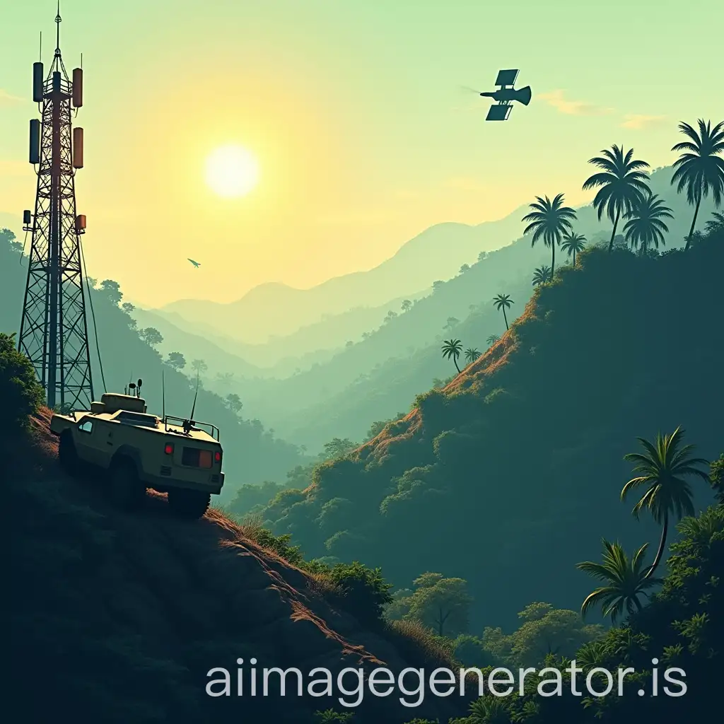 Military-Radar-Car-and-Communication-Tower-in-Jungle-Morning-Scene