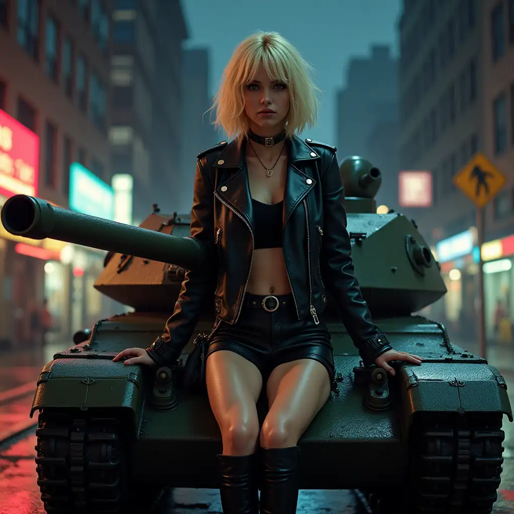 Punk-Girl-with-Blonde-Bob-Hairstyle-Straddling-Tank-in-Rainy-City-Street-at-Night