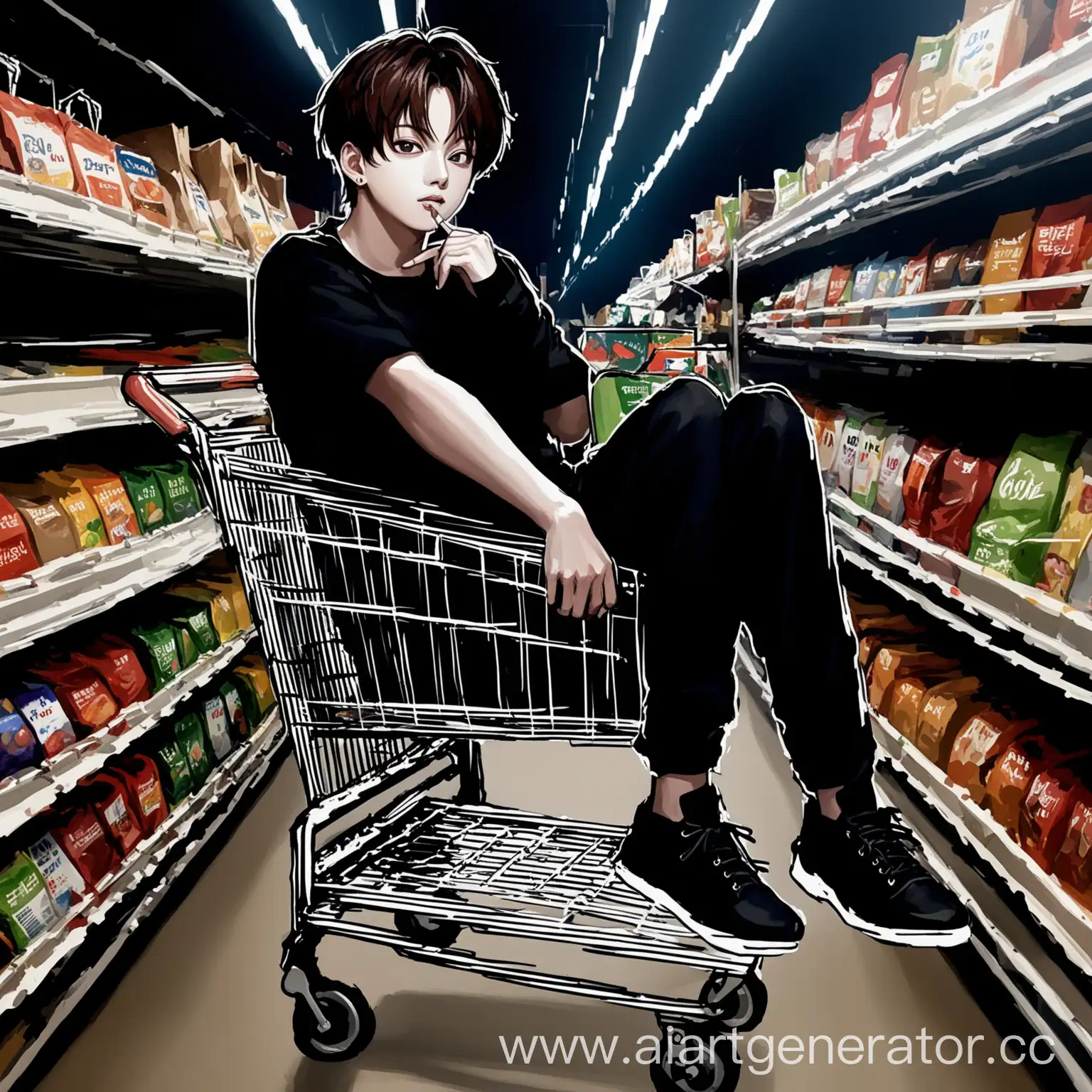 art painted drawing, jungkook from BTS, jungkook from BTS facial features, Jungkook is sitting in a grocery cart, jungkook's legs are hanging off it, he is right in it, dark lighting