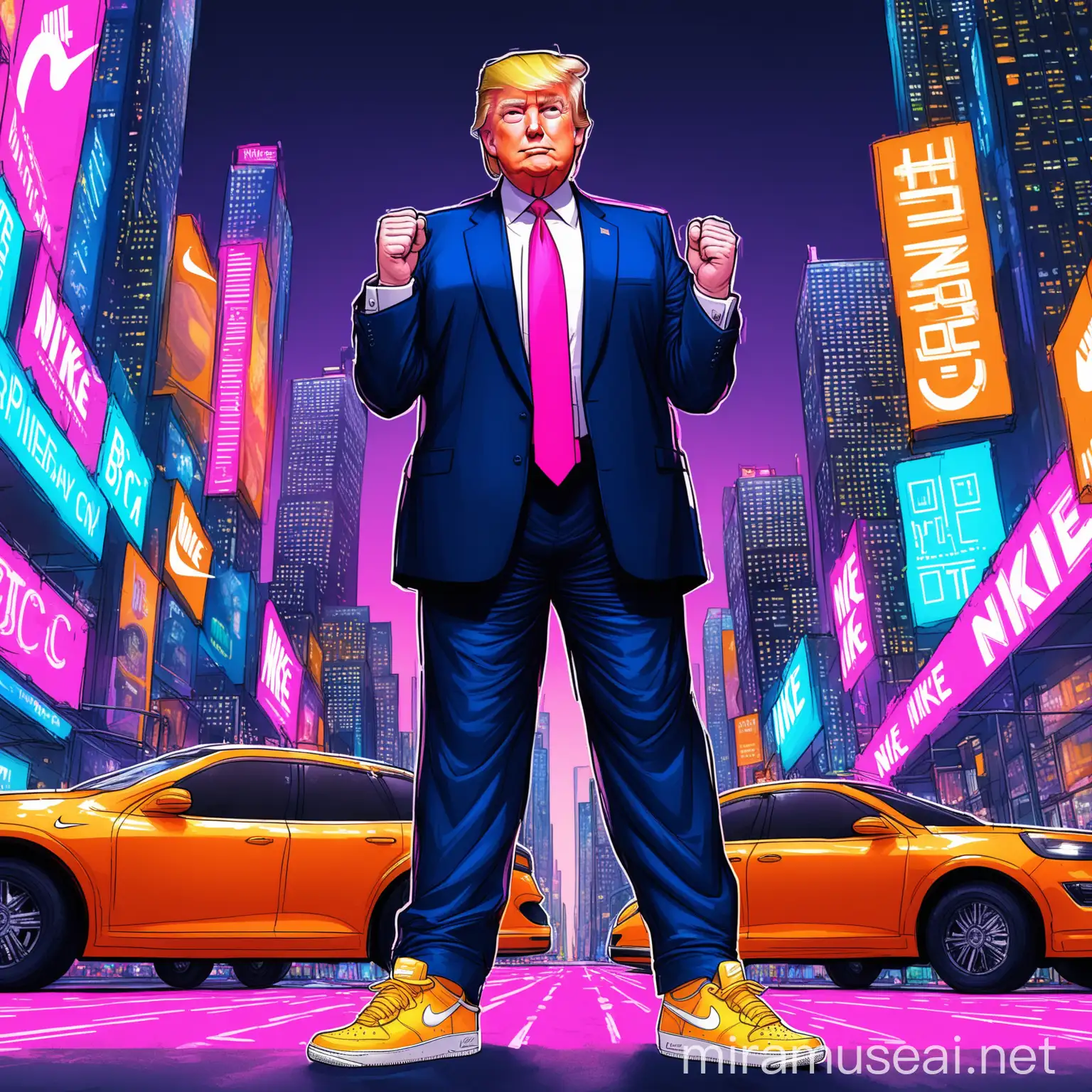 Donald Trump Holding Bitcoin in NeonColored Nike Sneakers in a Modern City