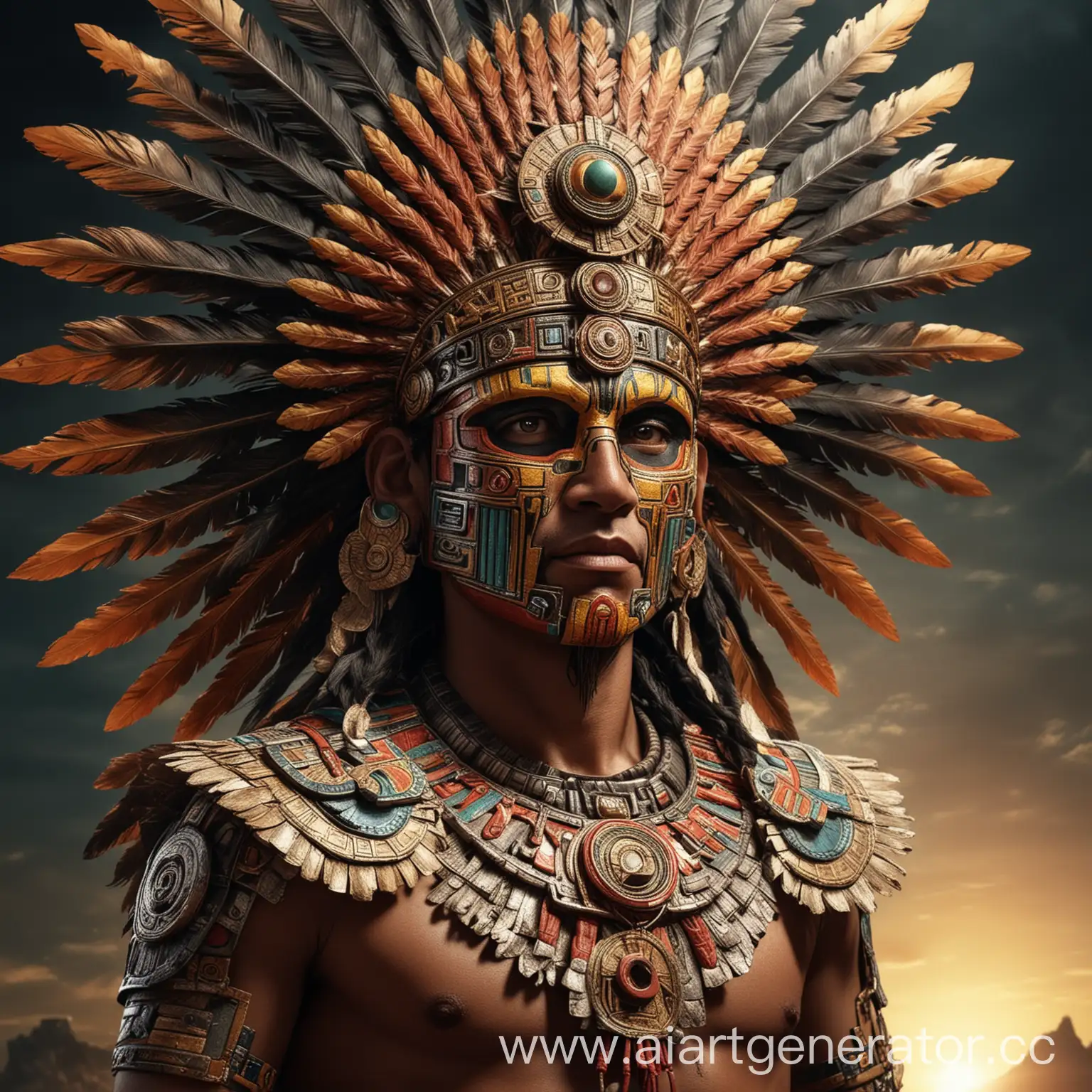 super hyper realistic image of the god Huitzilopochtli from Aztec mythology Power and Destiny: God of the sun and war, protector of the Aztecs. It symbolizes the triumph of light over darkness.