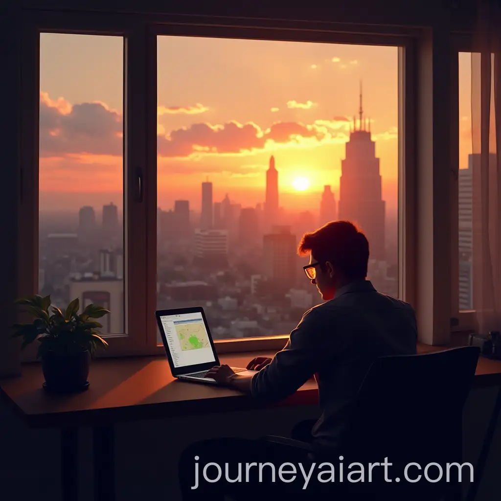 Man-Working-on-Laptop-with-Sunset-View-of-Big-City-Buildings