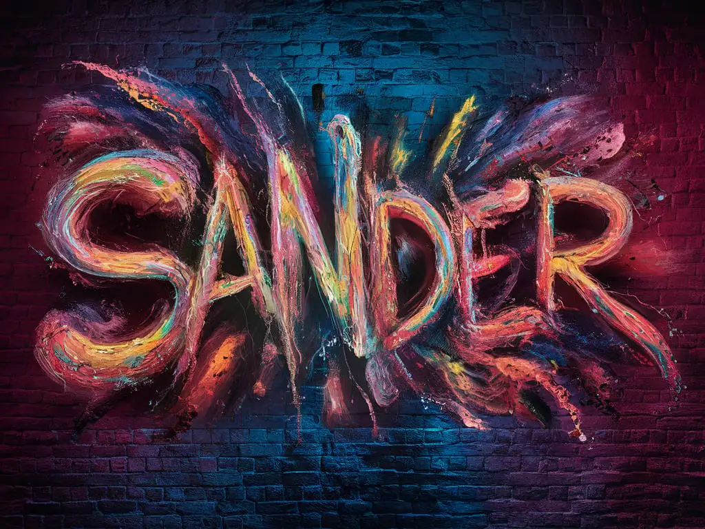 A vibrant splash of abstract expressionism in mixed media, featuring a dynamic explosion of colorful paint that fluidly forms the word 'Sander', evoking a sense of energetic movement and creative chaos, with bold brushstrokes and textures that evoke a tactile, cinematic quality, against a brick wall, hyperrealistic