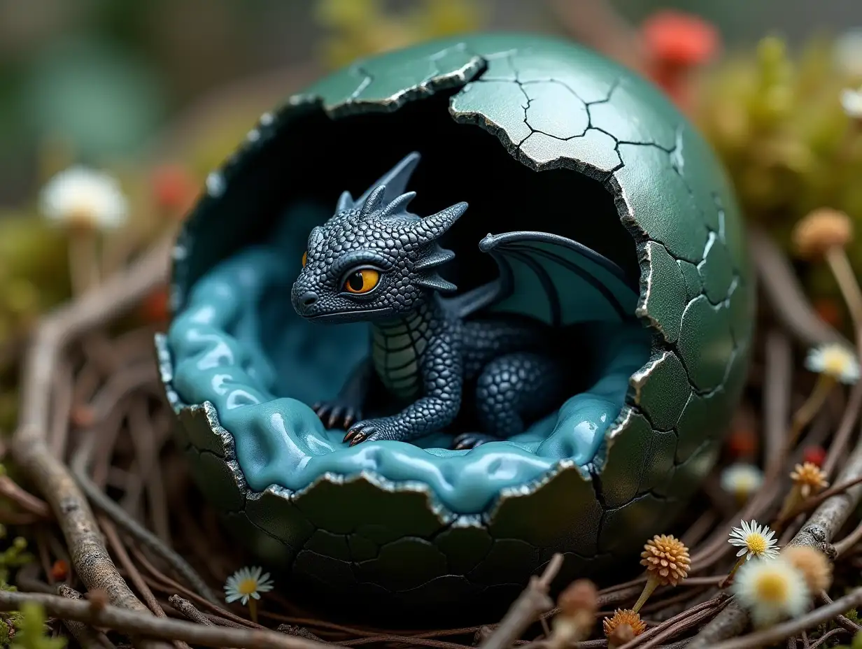 user_prompt: Dragon egg with dark metallic green color, broken with rugged and hard textured scales of extreme realism, inside there is mucosa of light blue color, with a very realistic liquid, bright and viscous texture, in the middle of the egg there is a newborn black baby dragon with its small blue and white wings, its scales are extremely realistic, rugged and hard appearance, it has very realistic yellow eyes. The egg is in a nest of twigs, wild flowers and fresh moss hyperrealistic