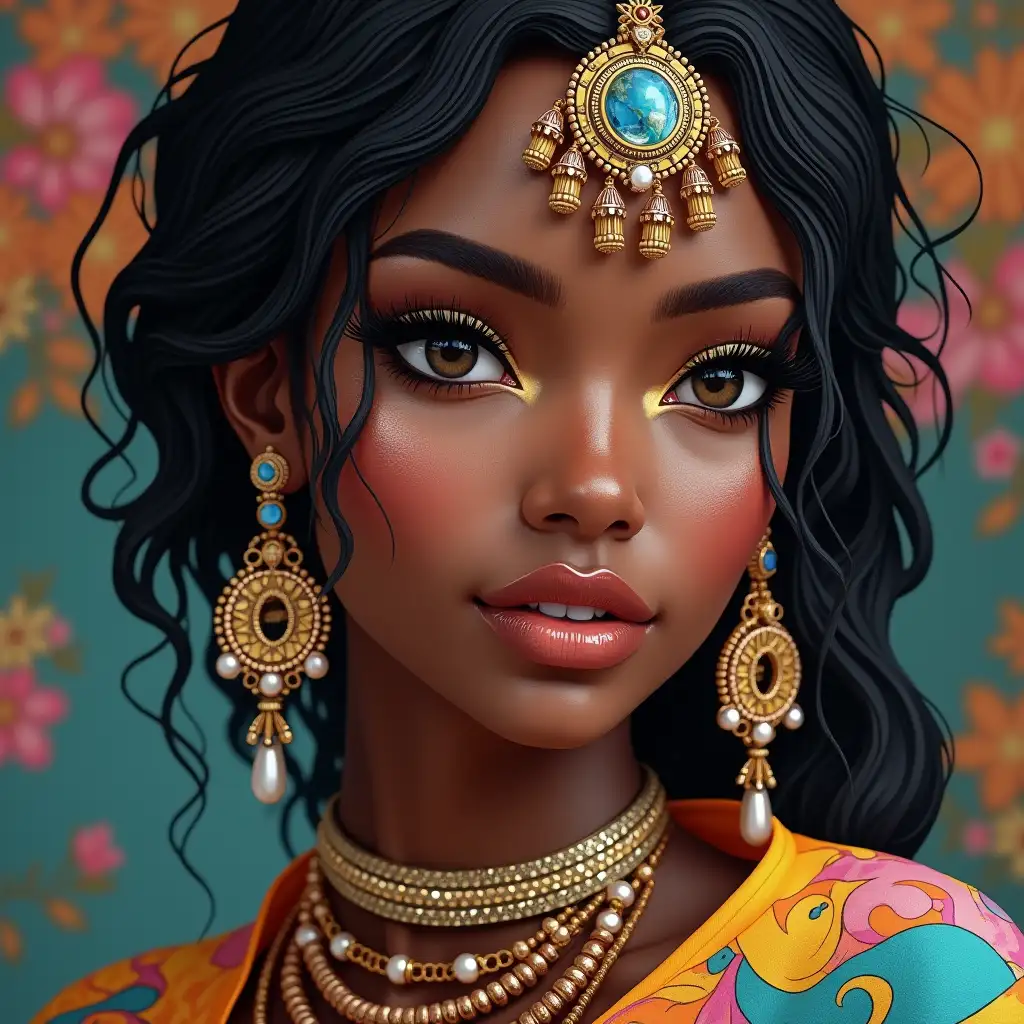 A hyperrealistic portrait of a beautiful brown woman, who is wearing intricately detailed, colorful and futuristic jewelry.