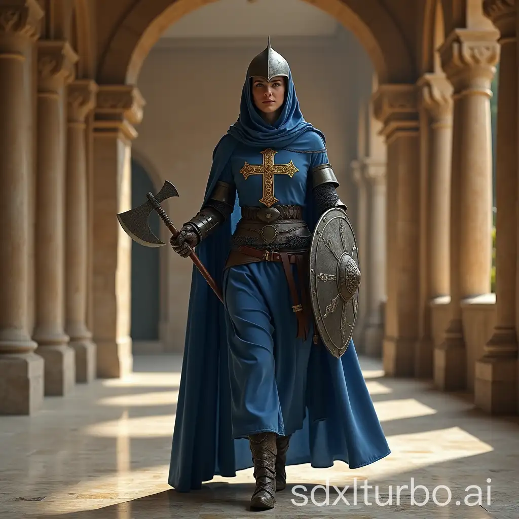 A beautiful German female knight of the Kingdom of Jerusalem, wearing a long blue cloak, armored gloves, armored boots, a coif, a helmet, a battle ax in her right hand, a shield with a drawn Jerusalem cross in her left hand, a Jerusalem cross embroidered with gold threads on her chest, the woman is walking full height through the palace of an Arab sheikh