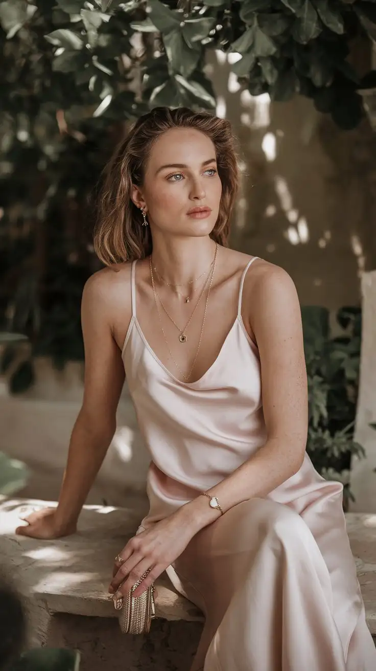 Medium shot, a woman with fair skin and shoulder-length wavy blonde hair, wearing a pale pink silk slip dress and delicate gold jewelry, sitting on a stone bench in a shaded garden in Ibiza, lush greenery and soft dappled light, serene and elegant expression, holding a small clutch bag, minimalist chic fashion style, soft and romantic.