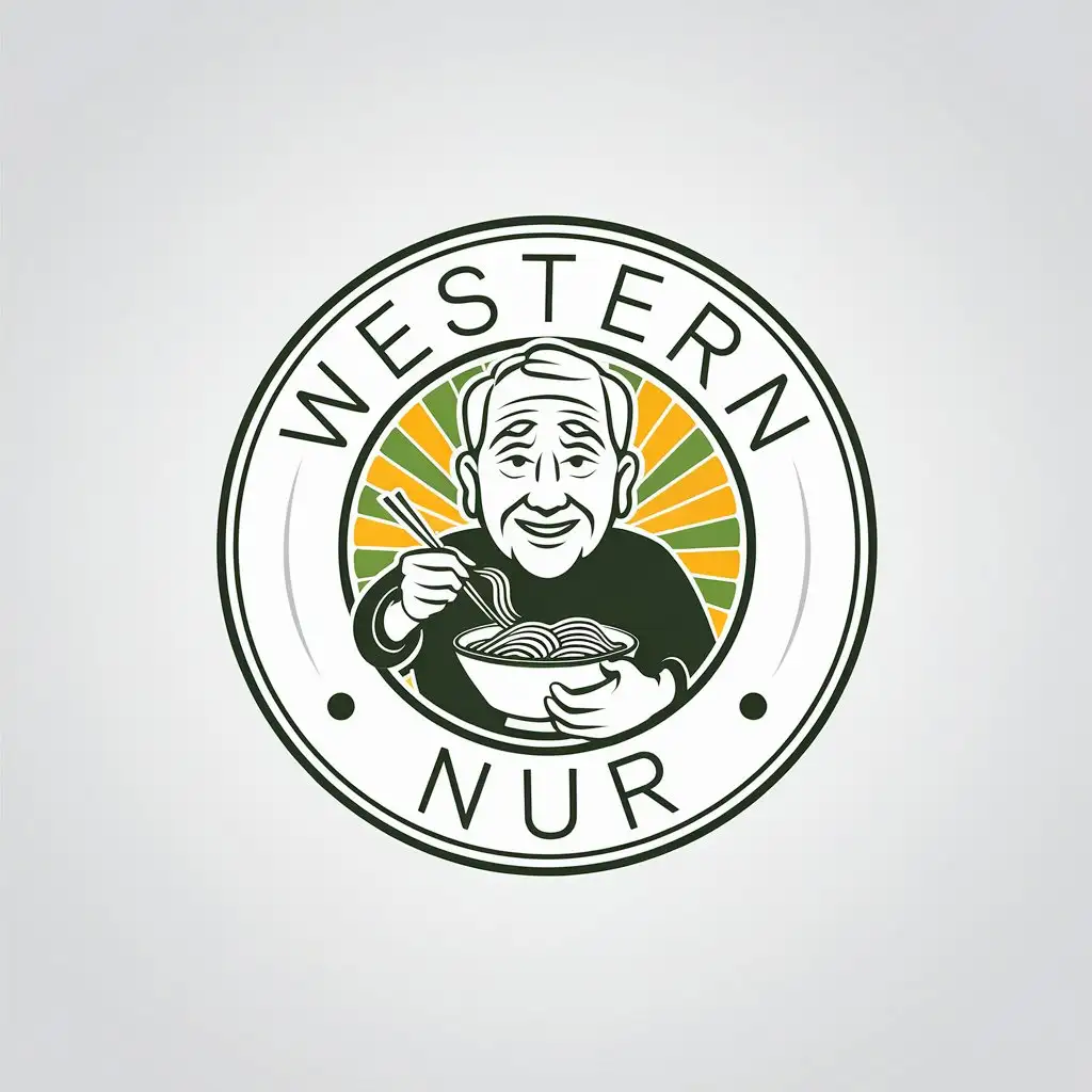 LOGO Design for Western Nur Circular Noodle Restaurant Logo with Smiling Elderly Man Green and Yellow Theme