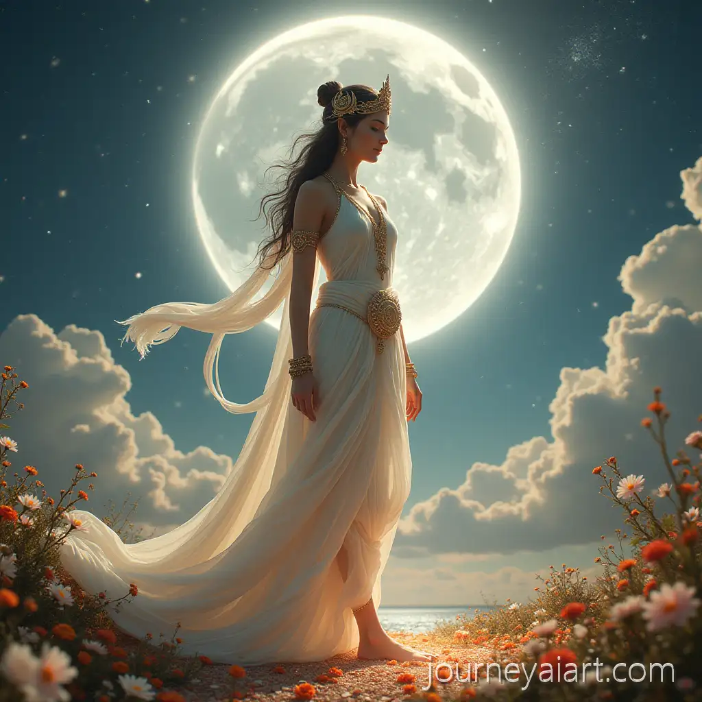 Goddess-Parvati-Amidst-Cosmic-Beauty-with-Flowers-at-Her-Feet