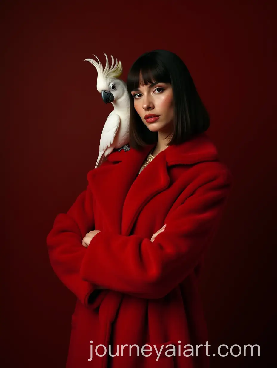 Elegant-DarkHaired-Model-in-Red-Fur-Coat-with-White-Cockatoo