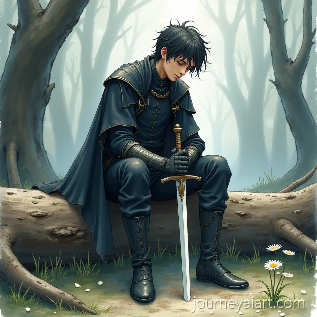 Somber-Fantasy-Warrior-with-LongsLone-warrior-in-despairword-in-a-Twilight-Forest