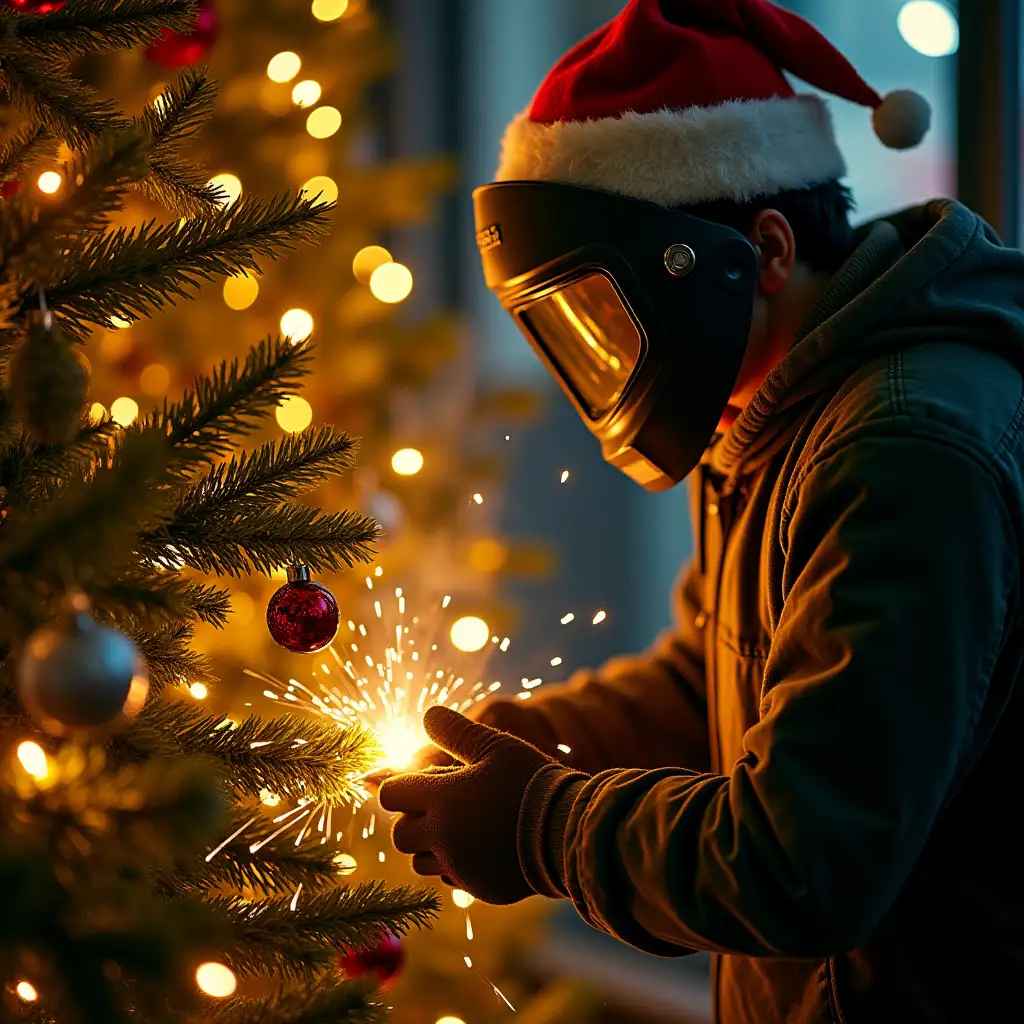 New Year's tree with yellow and black COLOUR decorations and a welder wearing a Christmas hat , LIGHTS BACKGROUND