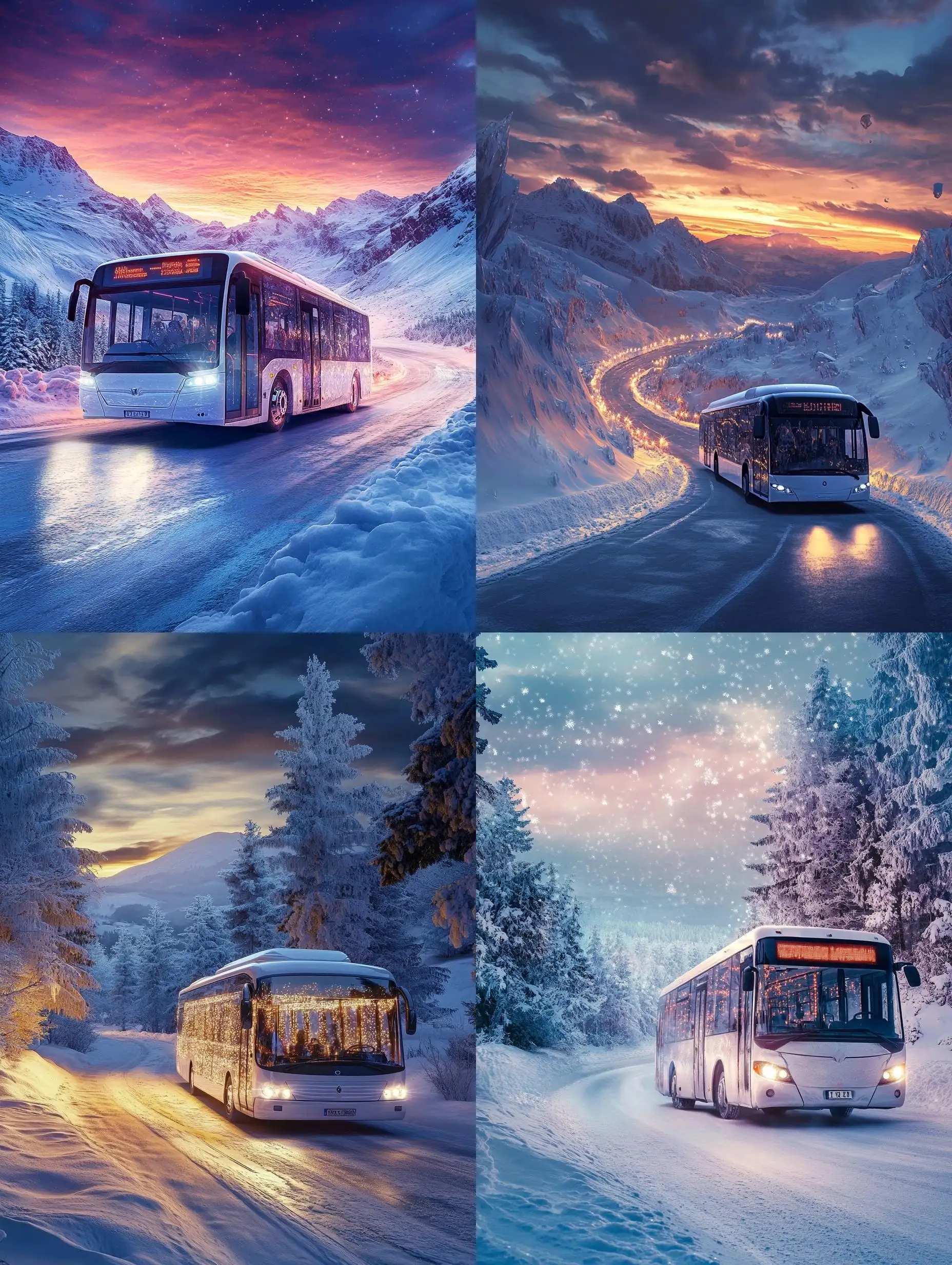 Ice-Bus-Traveling-on-Snowy-Mountain-Road-with-Festive-Lights-and-Sunset