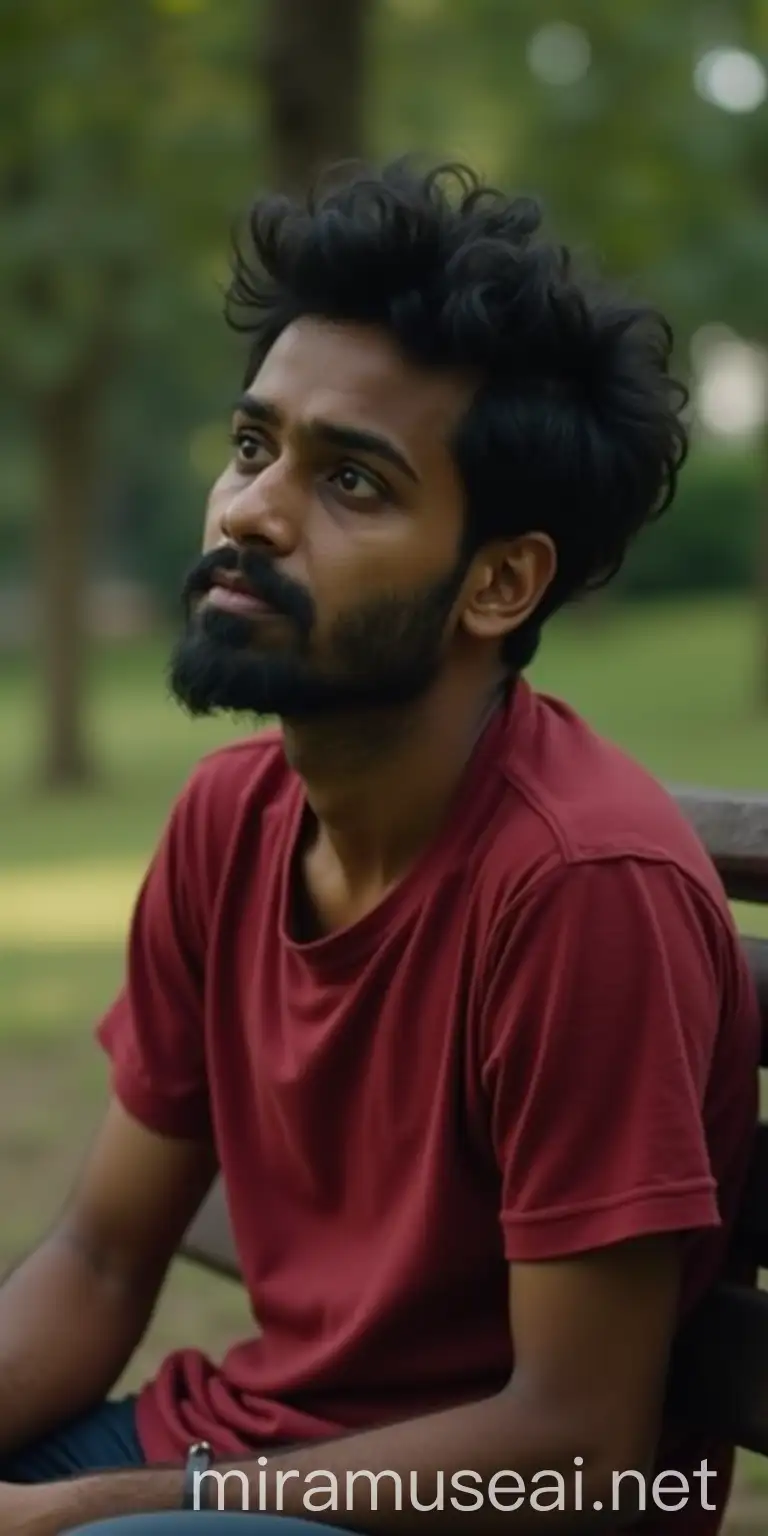 Disappointed Indian Man Sitting on Park Bench in Red Shirt