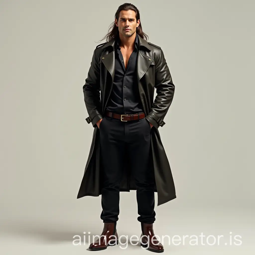 Muscular-Caucasian-Man-in-Leather-Trenchcoat-with-Long-TAI-Art-Prompt-Expansionied-Hair-and-Satin-Shirt