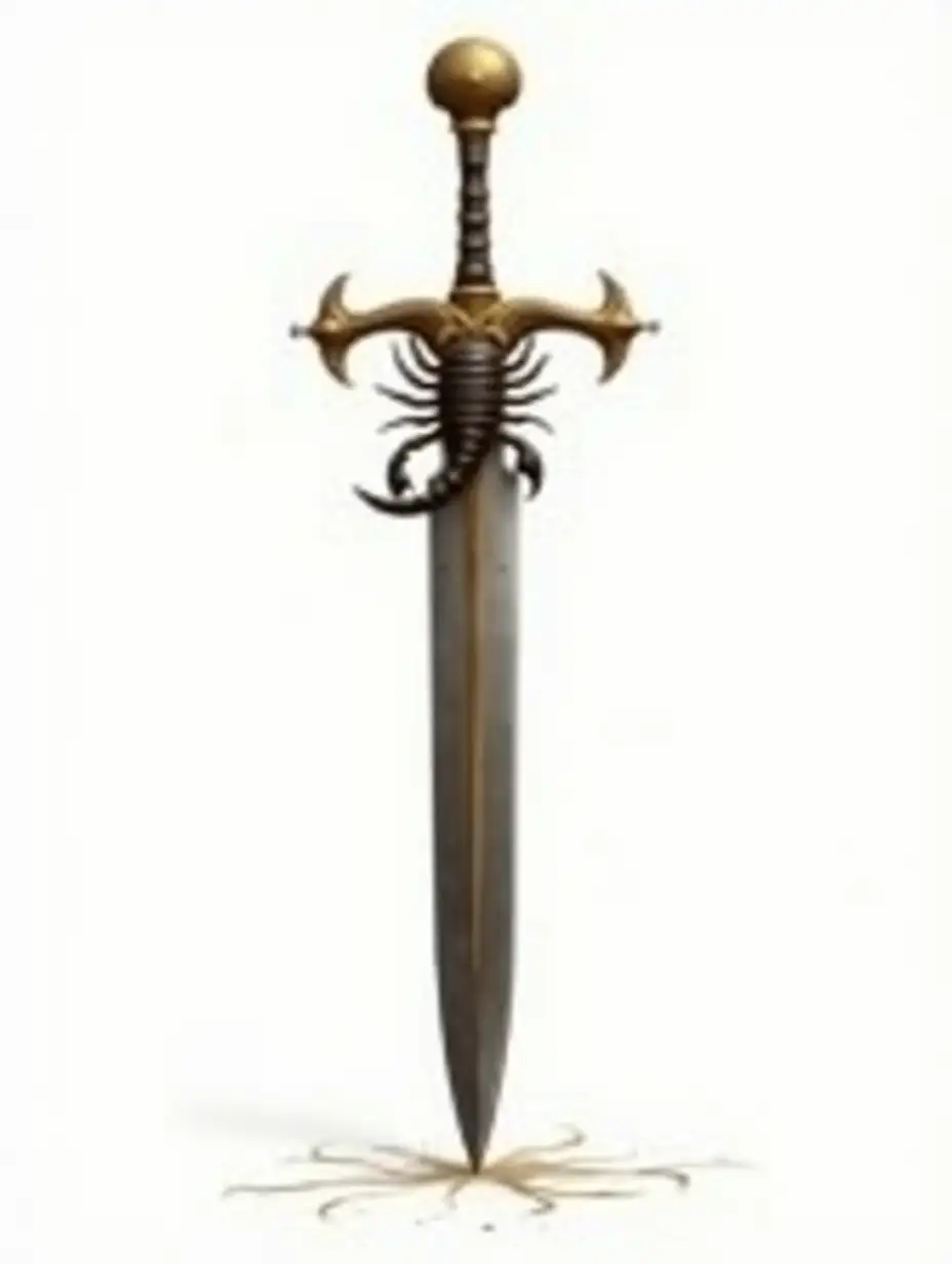 A hyperrealistic and surreal illustration starring an ancient sword. The handle of the sword is very large and beautifully decorated in golden tones and the blade contains a menacing scorpion that advances towards the tip of the sword. The dagger stands upright and appears completely whole, dominating the center of the composition. the white background. The dagger is the focal point and evokes a feeling of purity and mystery.