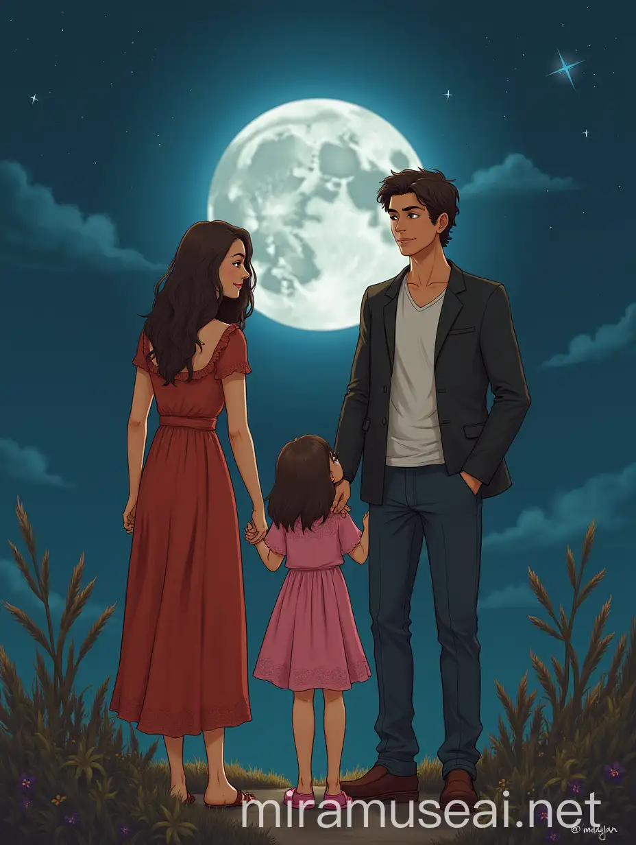 Family under Full Moon with Little Girl