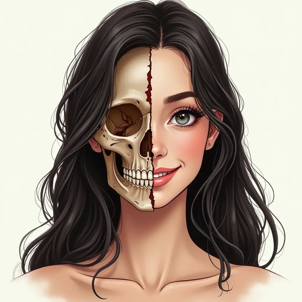 Smiling-Young-Woman-with-Decomposed-Face-Revealing-Skull