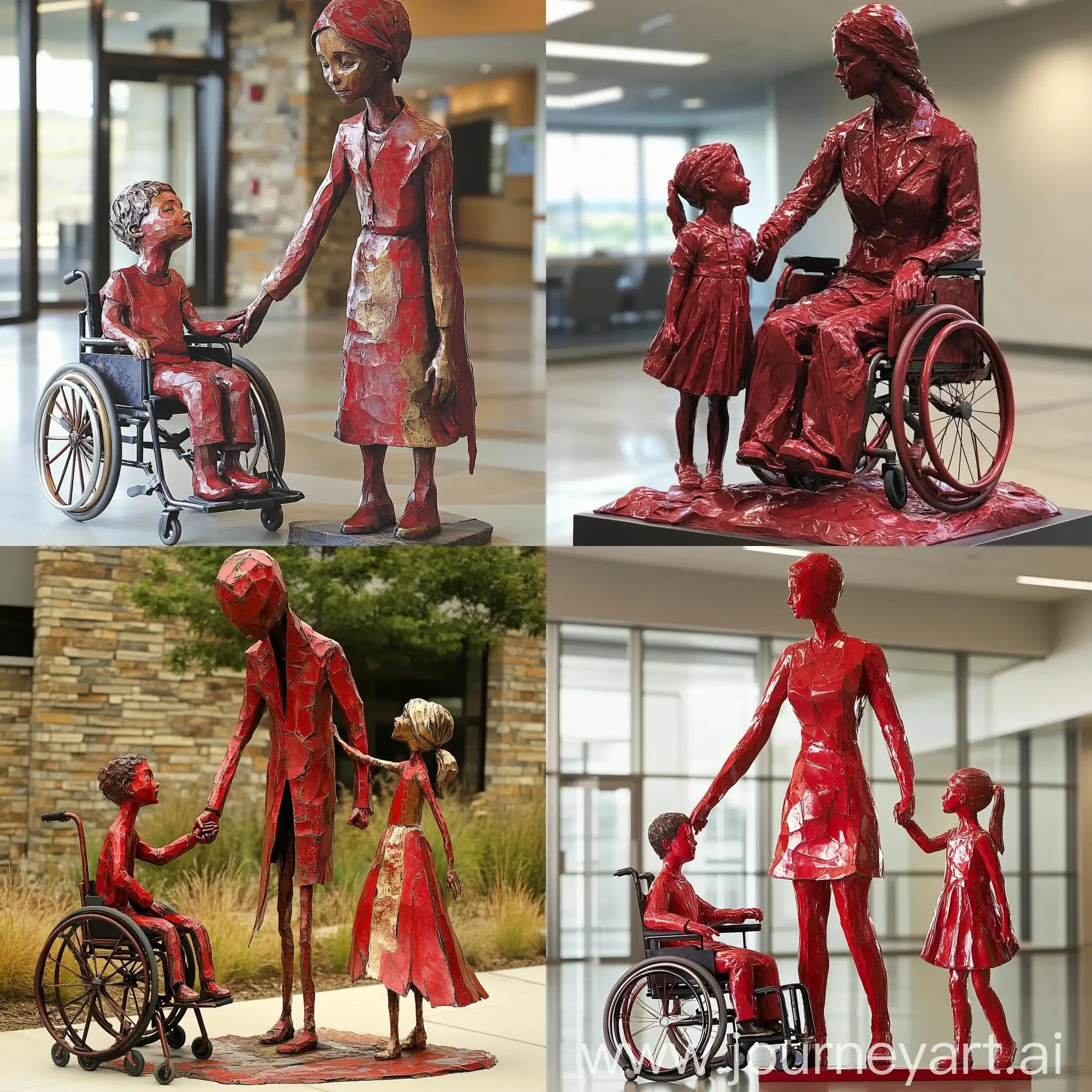 Sculpture-of-Saint-Francis-Embracing-Children-with-Disabilities-in-Warm-Red-and-Metallic-Tones