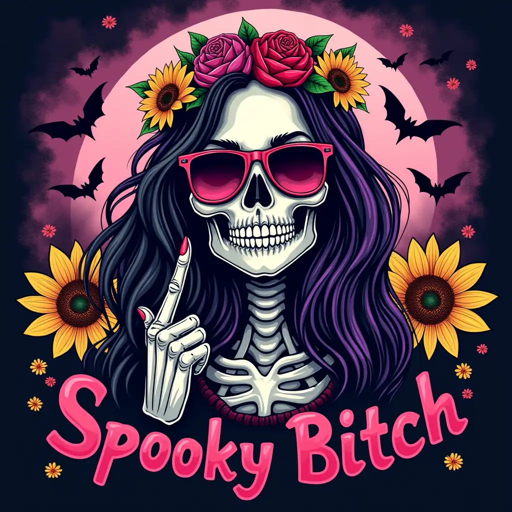 Create a vibrant, gothic-inspired image of a female skull wearing sunglasses and a flower crown. Her hair should be half black and half purple, flowing behind her. The background should feature sunflowers, bats, and a swirling, ethereal mist. The skull should be depicted in a sassy, defiant pose, giving a middle finger. The text 'Spooky Bitch' should be written boldly, in a gothic font.