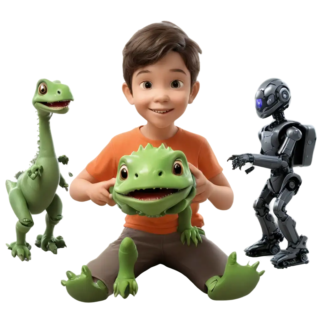 Realistic-3D-Brunette-10YearOld-Boy-in-HighTech-Laboratory-Playing-with-Pet-Baby-Dinosaur-and-Robots-PNG-Image