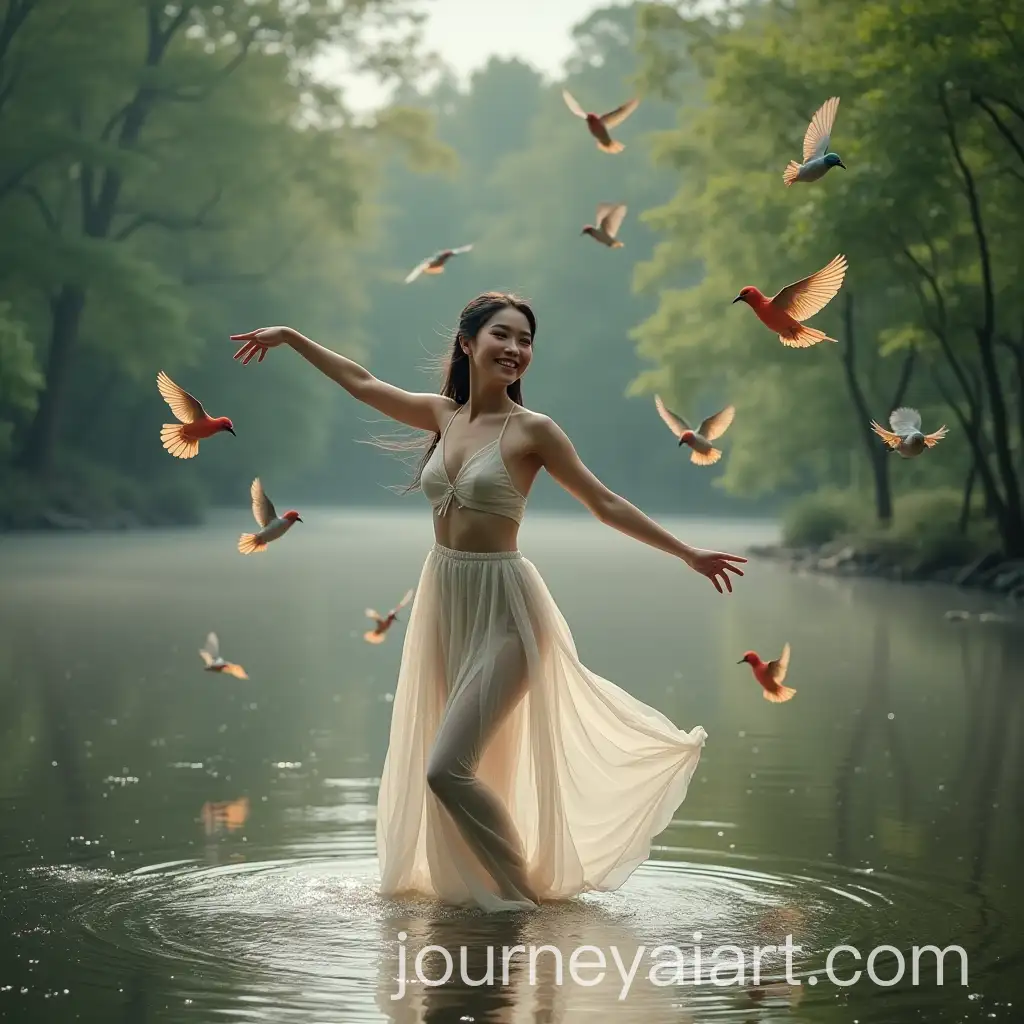 Beautiful-Chinese-Woman-Dancing-by-the-Lake-with-Colorful-Birds