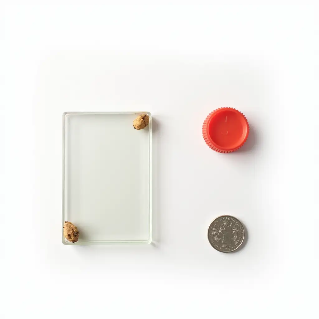 Minimalist-Still-Life-with-Red-Plastic-Cap-Metal-Coin-and-Organic-Waste-on-Glass-Slab