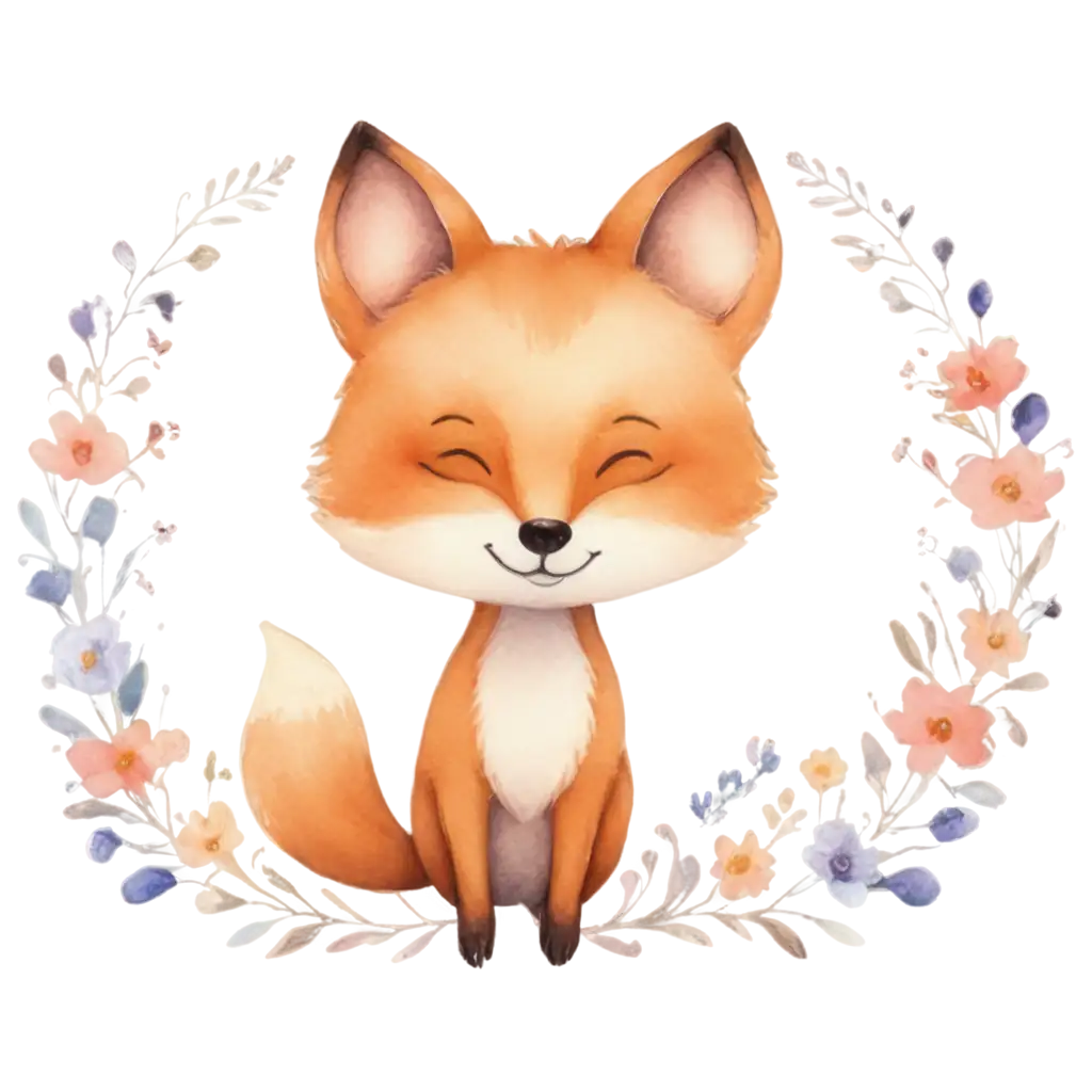 Whimsical-Watercolor-Fox-surrounded-by-Pastel-Flowers-PNG-Image