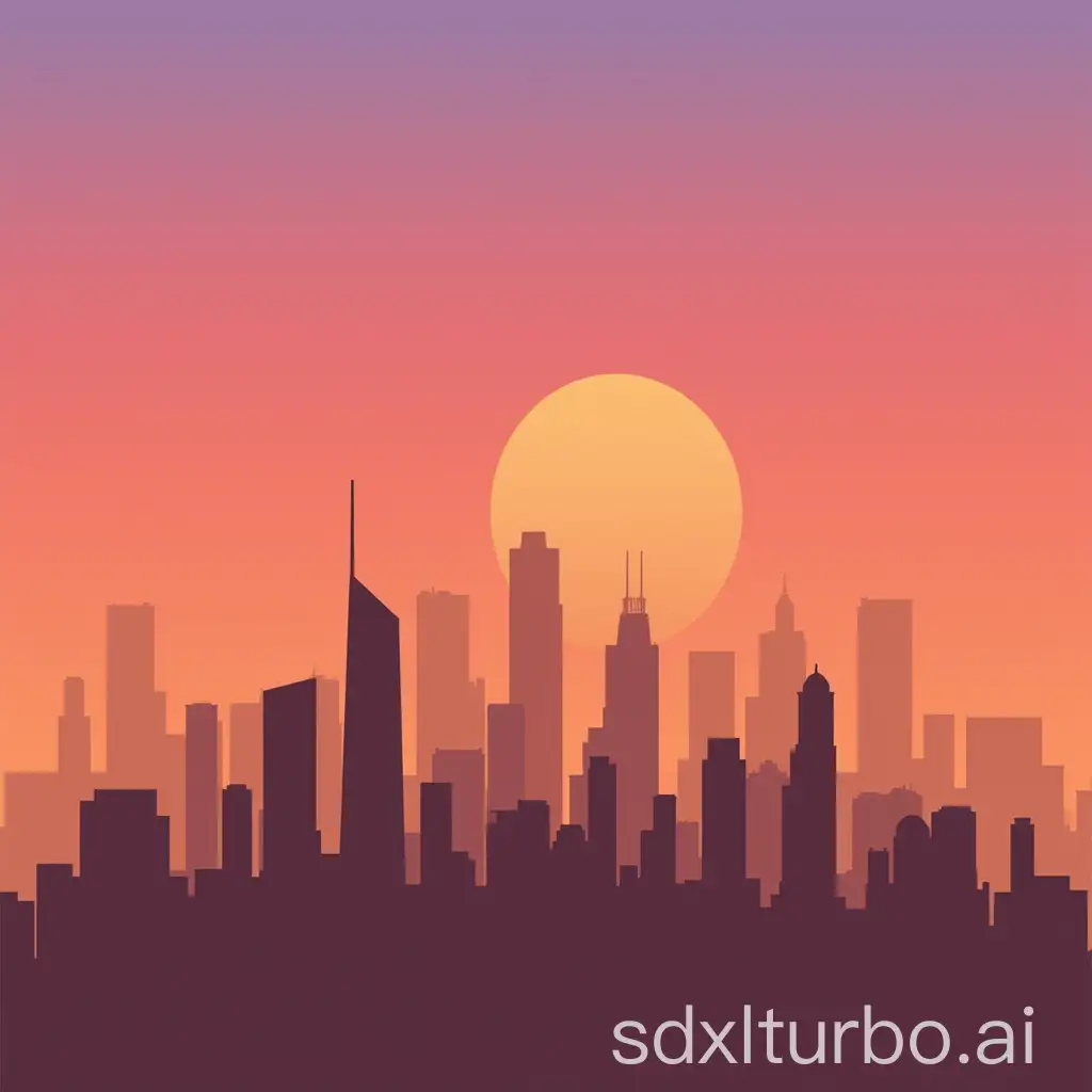 A clean and minimalist vector illustration of a city skyline at sunset. The city outline is simple, with modern skyscrapers and a few recognizable landmarks. The sunset sky is gradient, blending from deep orange at the horizon to soft purple at the top. The buildings are silhouettes, with sharp lines and crisp edges. No texture or shading, only solid colors and smooth gradients for a flat, vector-style look.