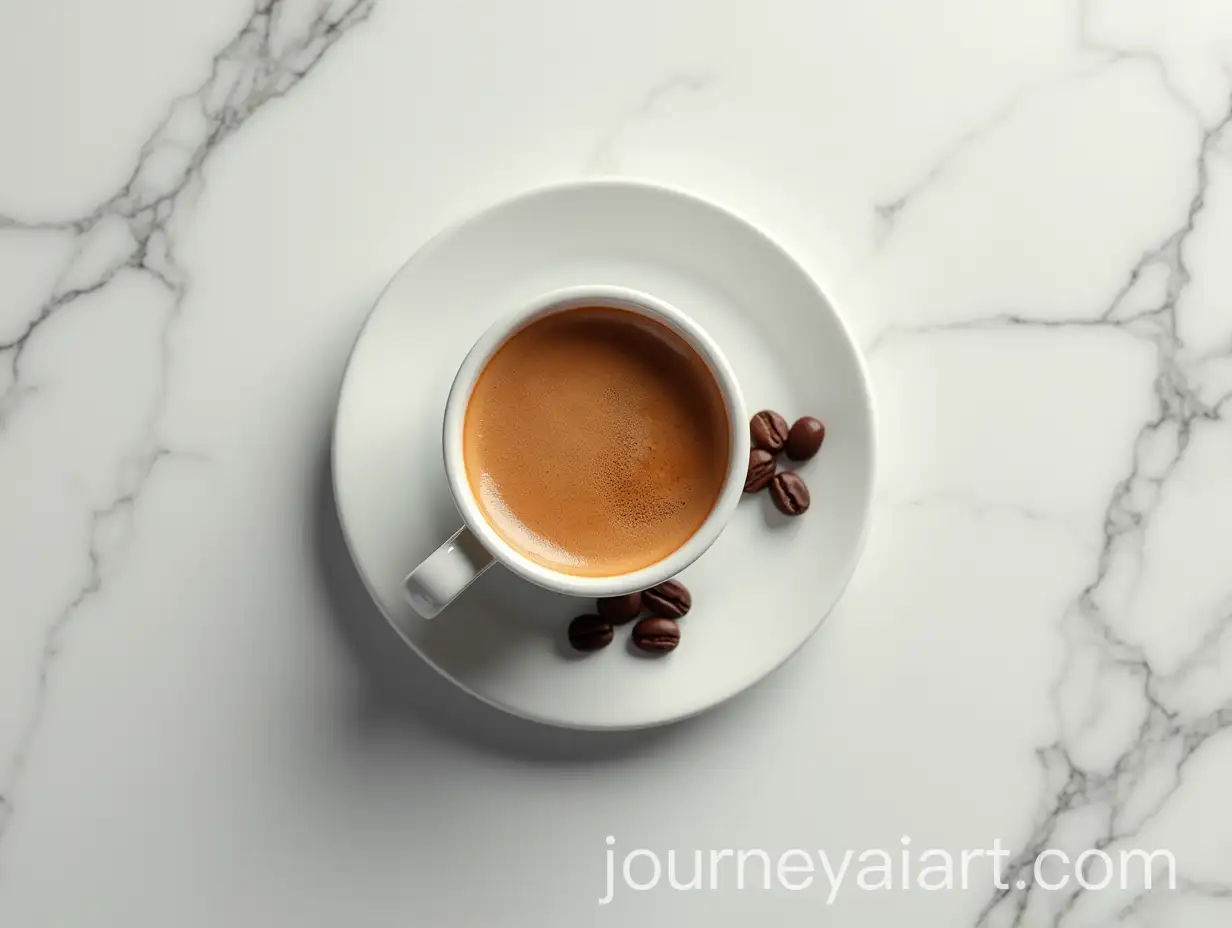 Aerial-View-of-Espresso-Shot-with-Dark-Crema-and-Coffee-Beans-on-Marble-Surface