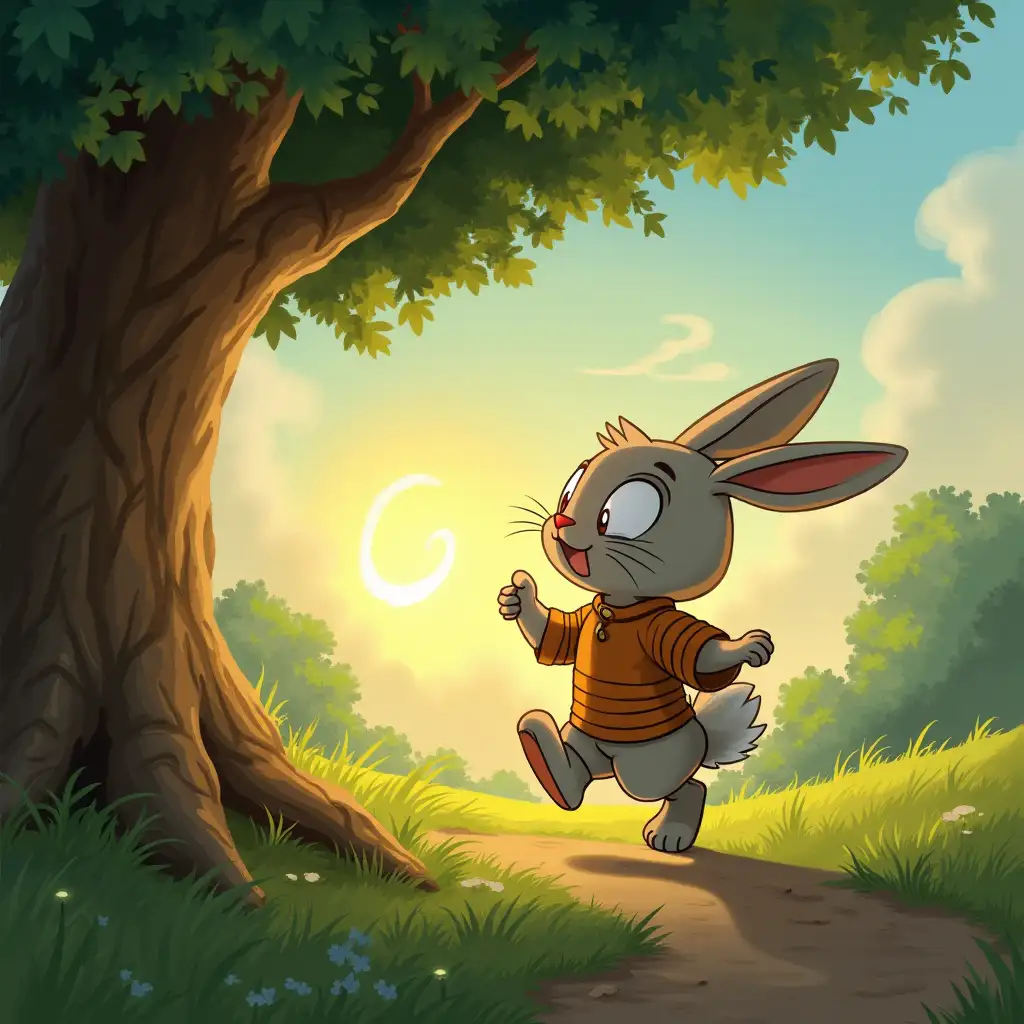 (Remy the rabbit hops along and suddenly spots something shiny under a tree. His eyes widen in surprise.)