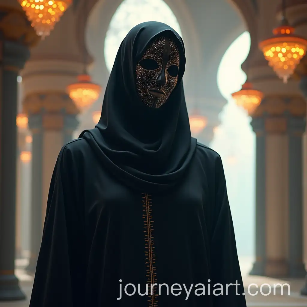 Faceless-Robot-in-Black-Hijab-and-Abaya-Inside-a-Colorful-Castle