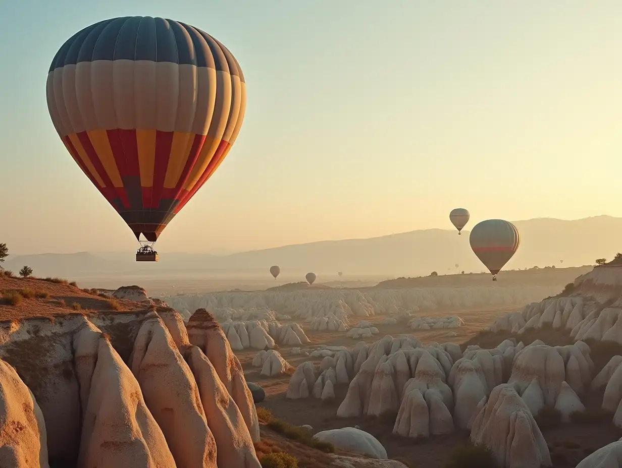 Vintage photo of hot air balloon flying over rock landscape at Cappadocia Turkey.