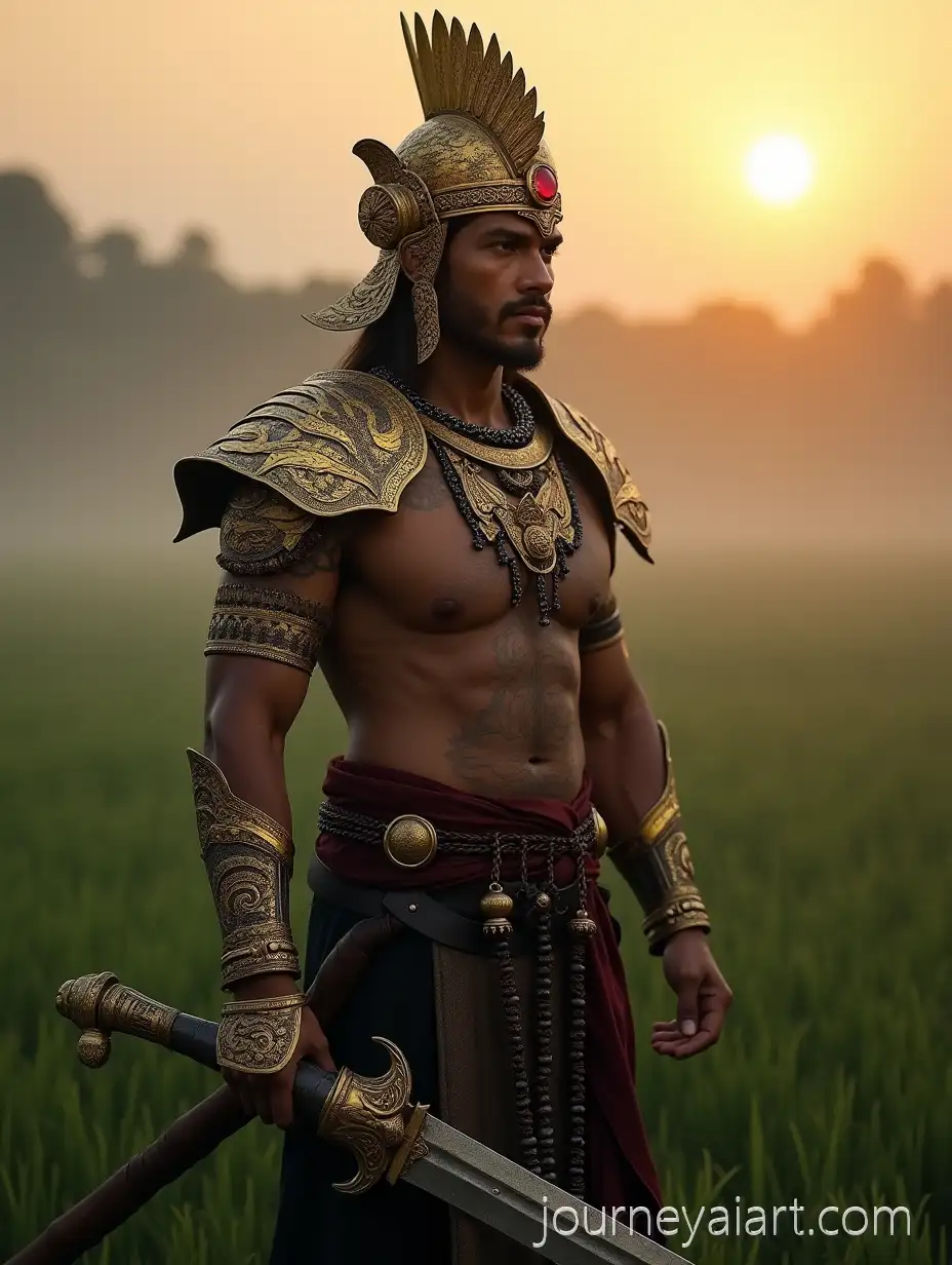 Majestic-Nusantara-Warrior-in-Golden-Majapahit-Crown-with-Kris-in-Misty-Rice-Field-at-SunsetNusantara-warrior-in-armor