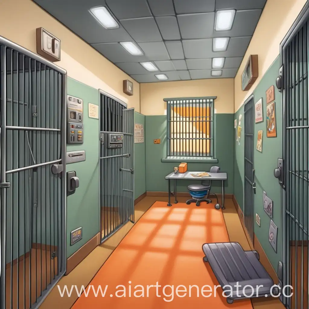 Cartoon-Prison-Cell-Interior-with-Vibrant-Colors-and-Comical-Characters