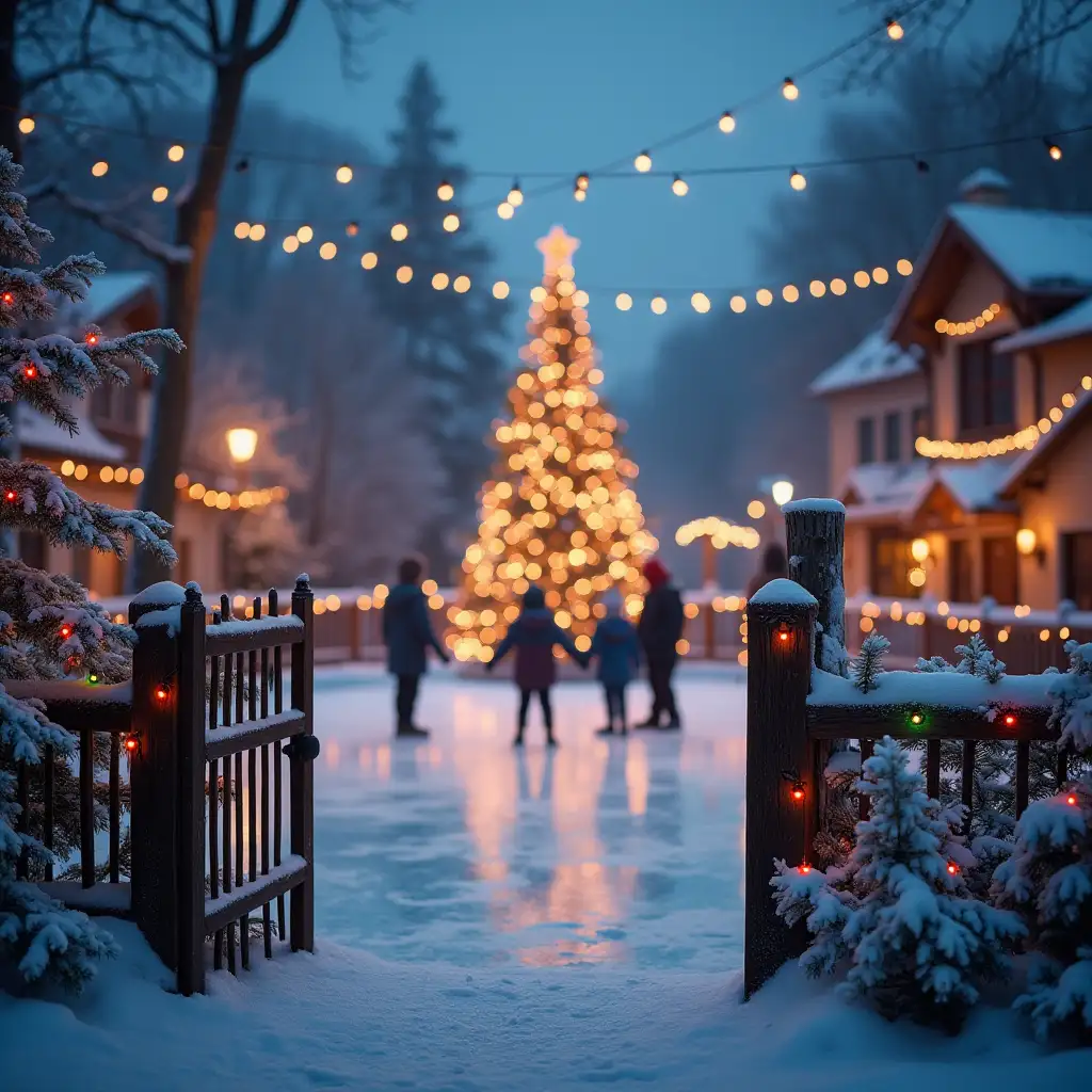 evening ice rink in a village with a decorated tree and three children on the glass ice, fenced off by a New Year's fence decorated with multi-colored lights, an open gate in the foreground, blurred background