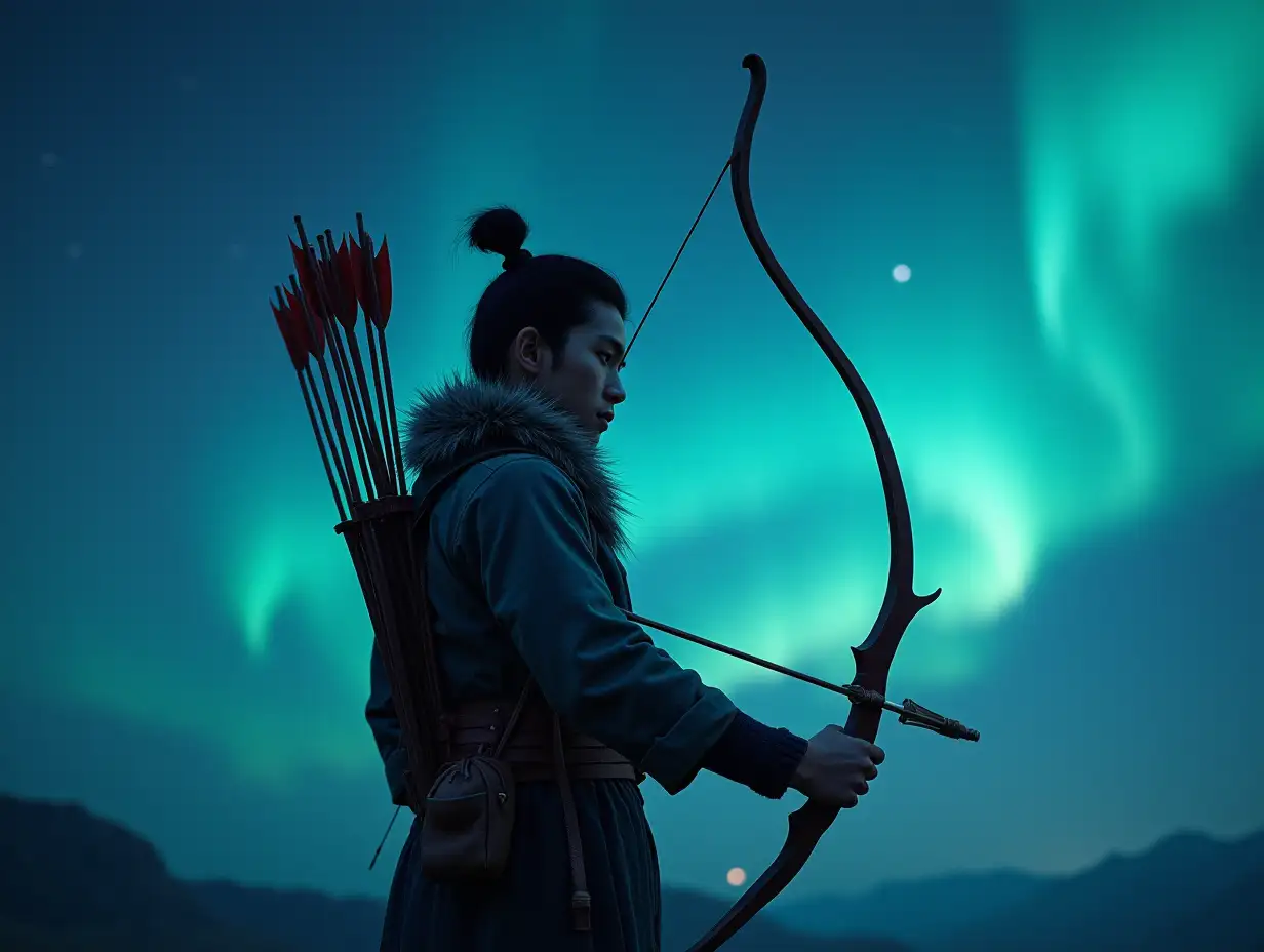 Eternal night and aurora background. A young and handsome hunter from Eastern China, with a bow and arrows on his back.