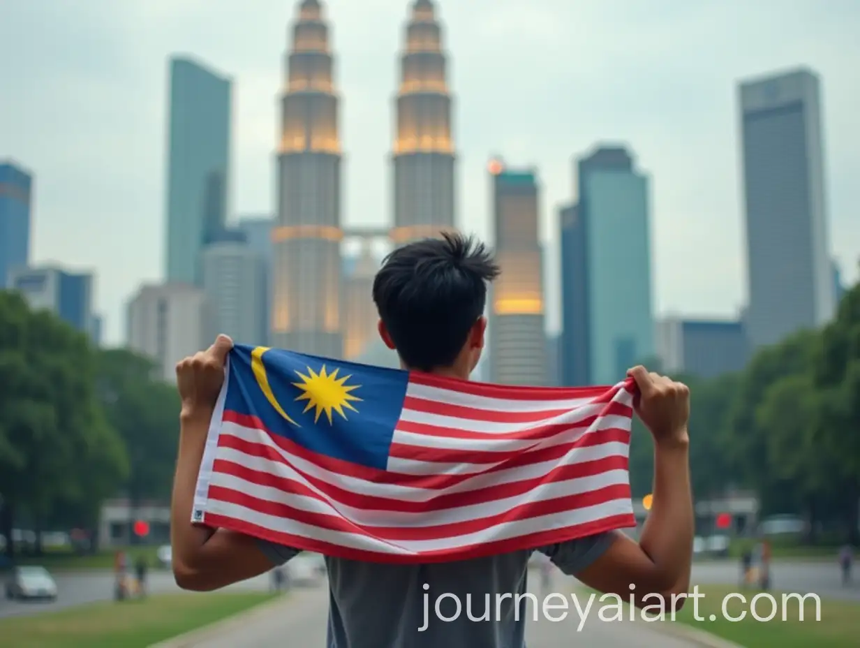 Person-Holding-Malaysian-Flag-in-Front-of-Monument