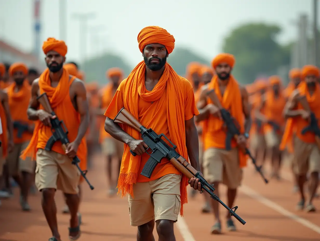 Lots of people stand on track, wearing a saffron rumal , khaki shorts and hold a variety weapons on hand