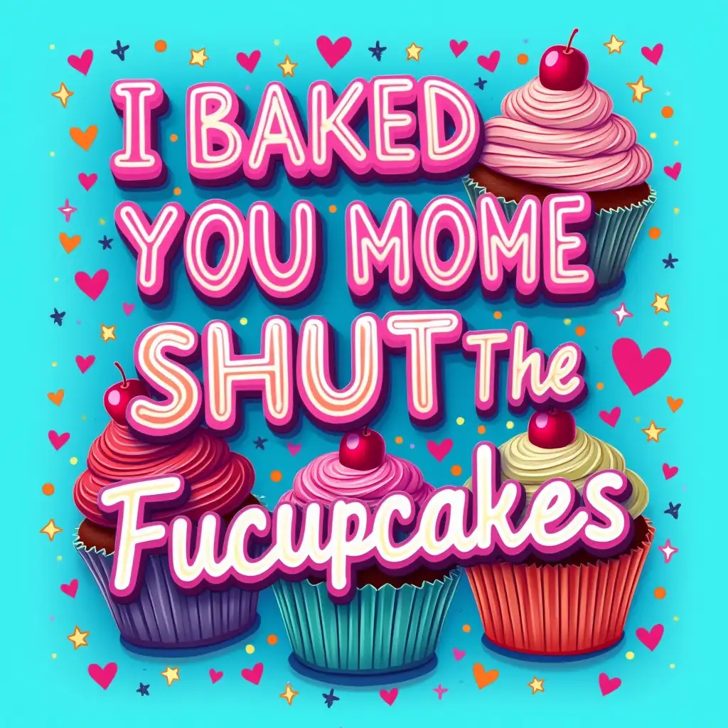 Vector, neon Art. Create a vibrant, cupcake-themed graphic with the text 'I BAKED YOU SOME SHUT THE FUCUPCAKES' in bold, contrasting colors. The graphic should feature a variety of colorful cupcakes with different frosting flavors and decorations. The background should be a light blue with a playful pattern of hearts, stars, and other whimsical elements. The overall style should be fun and energetic, with a touch of sassiness.