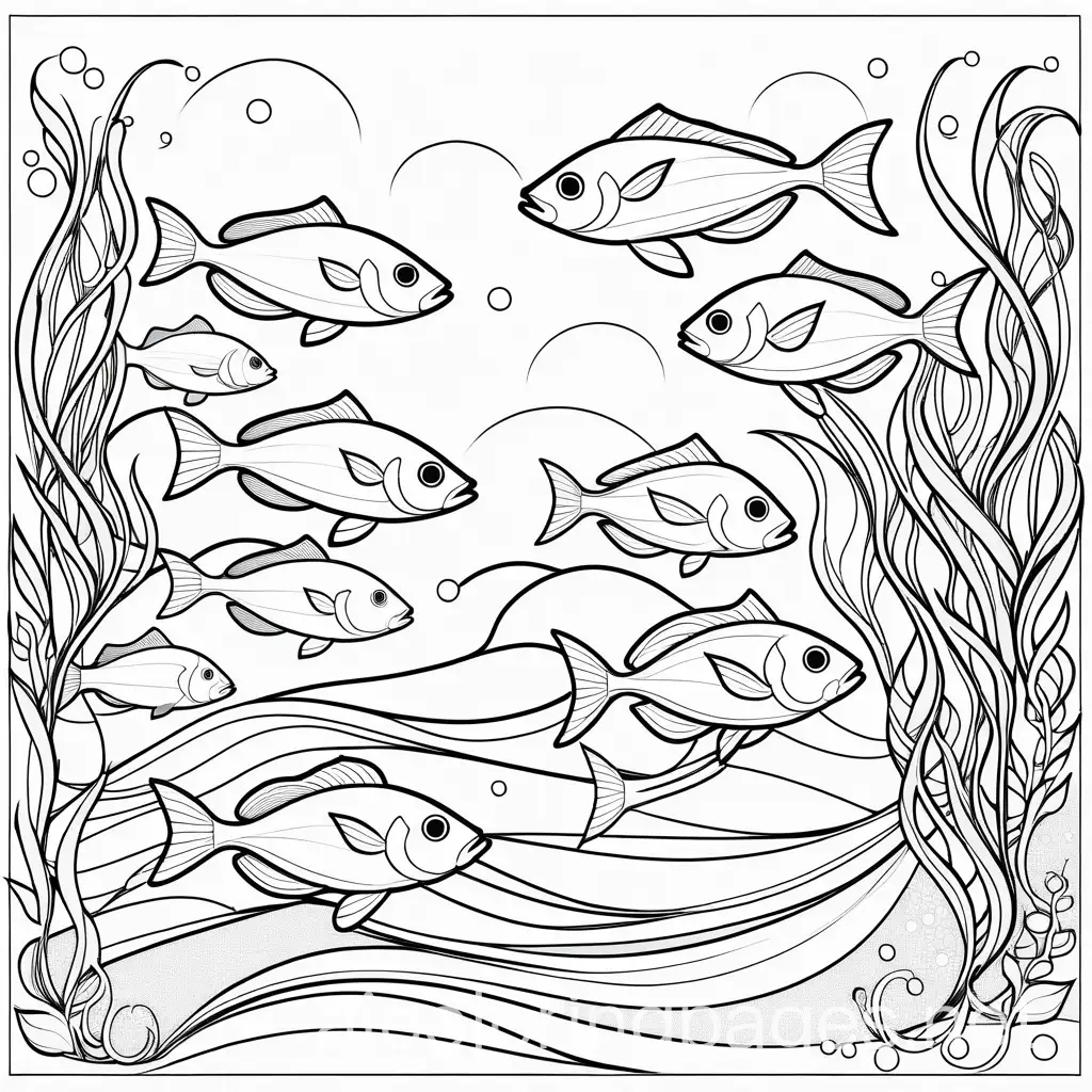 many fish , Coloring Page, black and white, line art, white background, Simplicity, Ample White Space. The background of the coloring page is plain white to make it easy for young children to color within the lines. The outlines of all the subjects are easy to distinguish, making it simple for kids to color without too much difficulty