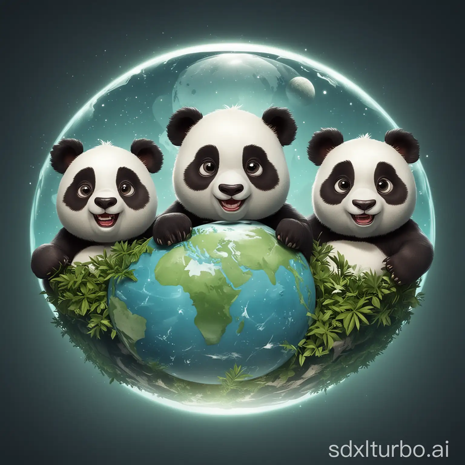 Generate a logo for Panda Planet APP, featuring 3 cartoon pandas on a planet, background transparent; APP is an anonymous social application