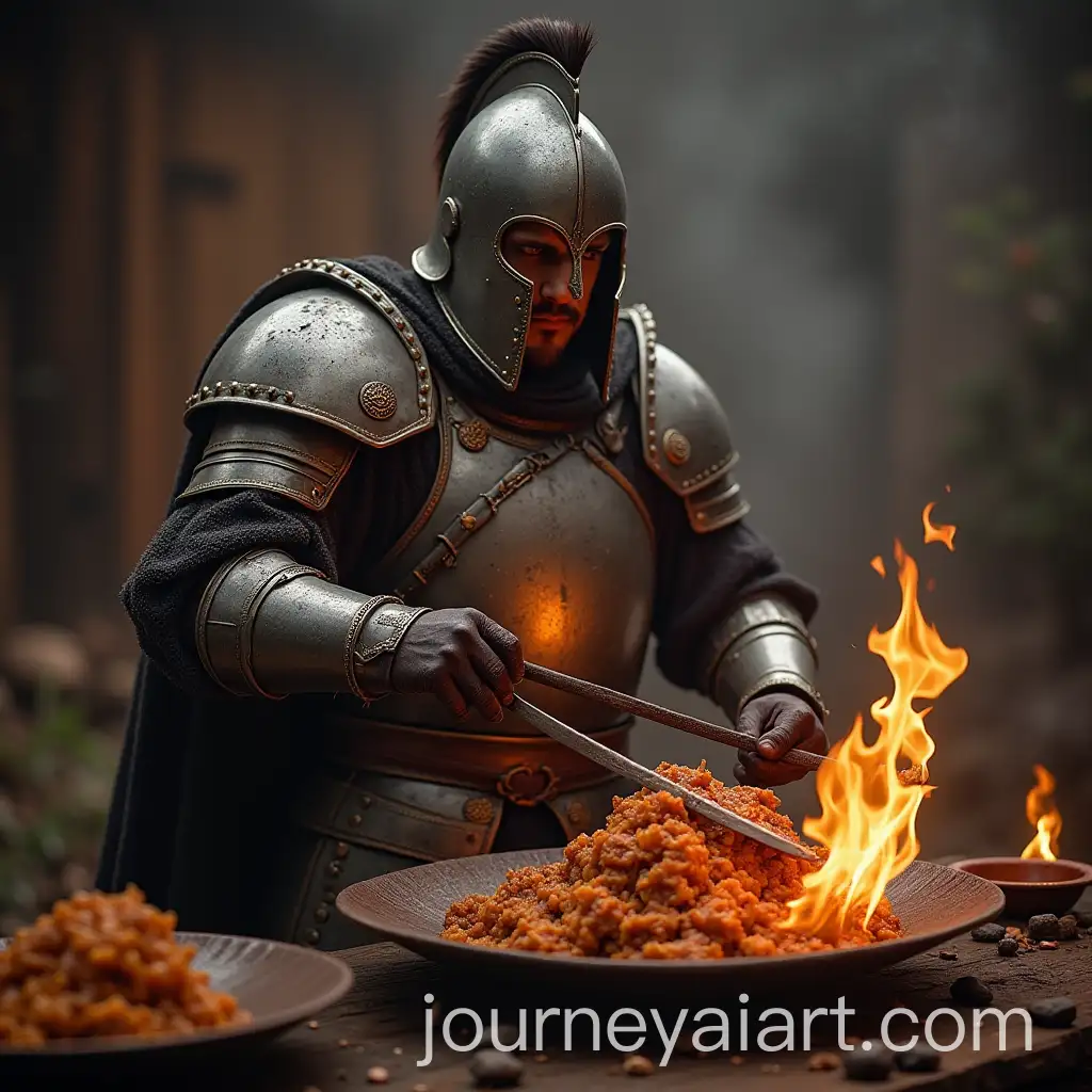 Warrior-in-Iron-Armor-Enjoying-Rendang-in-a-Surrealistic-Setting
