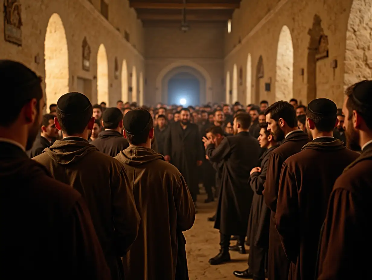 Inside an ancient synagogue, a tense and dramatic moment unfolds as a man’s outburst echoes through the stone walls. The crowd, wearing ancient Jewish clothing is frozen in shock, their faces reflecting a mix of fear, confusion, and awe. Some people lean away, clutching their garments or covering their mouths, while others whisper to each other, creating a ripple of movement and reaction. The synagogue’s thick stone walls and arched doorways form the backdrop, bathed in warm, diffused light streaming through small openings. The atmosphere is thick with tension, capturing the profound disruption in what was moments earlier a serene and sacred gathering.