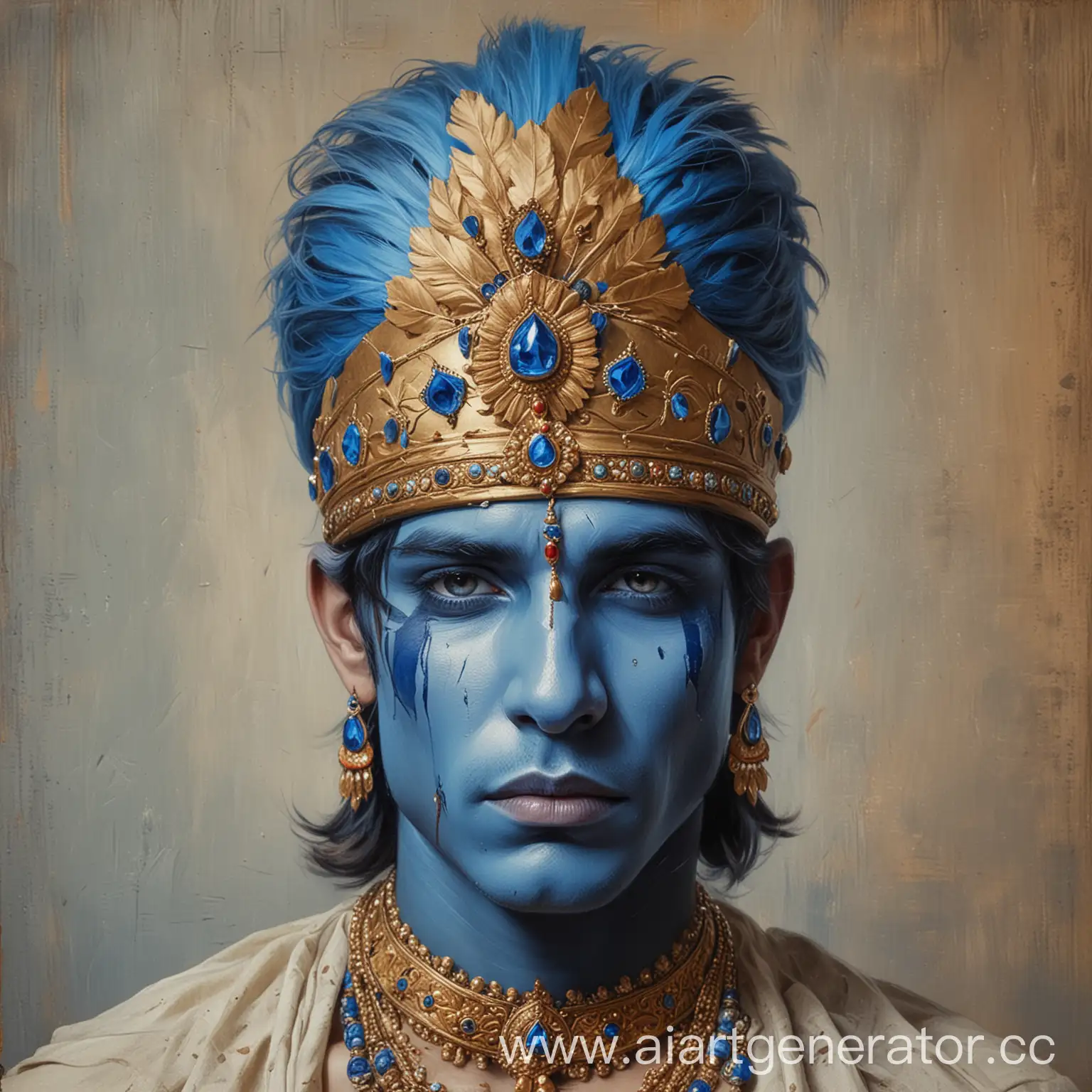 Indian-Prince-with-Blue-Skin-Painting-on-Old-Canvas