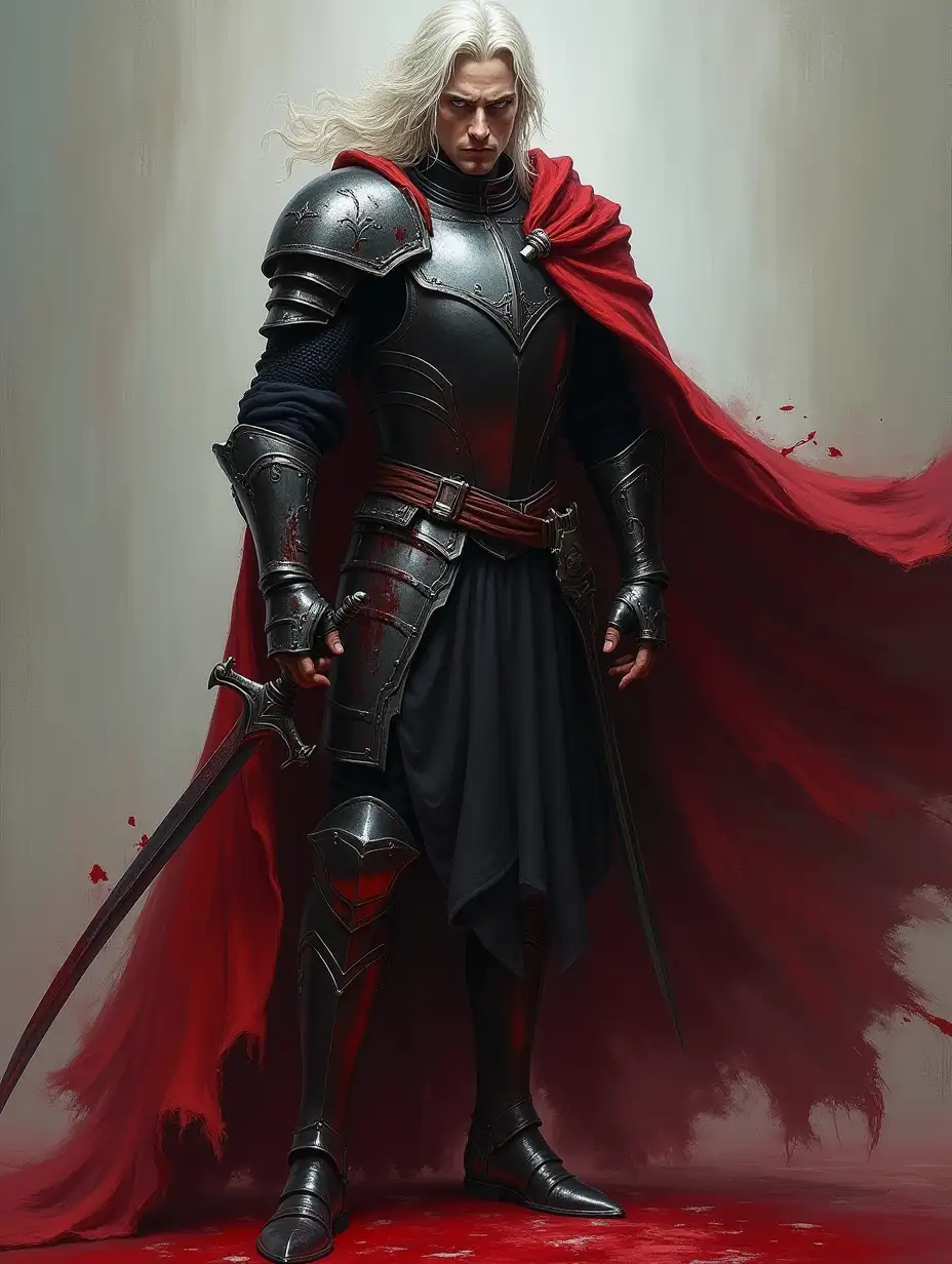 user_prompt: Oil painting, Dark fantasy, male character, full length, knight of blood, clean black metal armor, light armor, black clothes with bloody stains, black bloodstained tunic under the armor, rolled up sleeves, bare forearms and hands, bloody dark red cloak with collar, blue eyes, long wavy pale hair, bloody saber, one sword, long hair, cloak fluttering in the wind, blood magic, curved sword all over blood, stern face, dynamic pose, medieval gothic, scars on hands, bare hands, pointed boots, greaves, bloody bandage