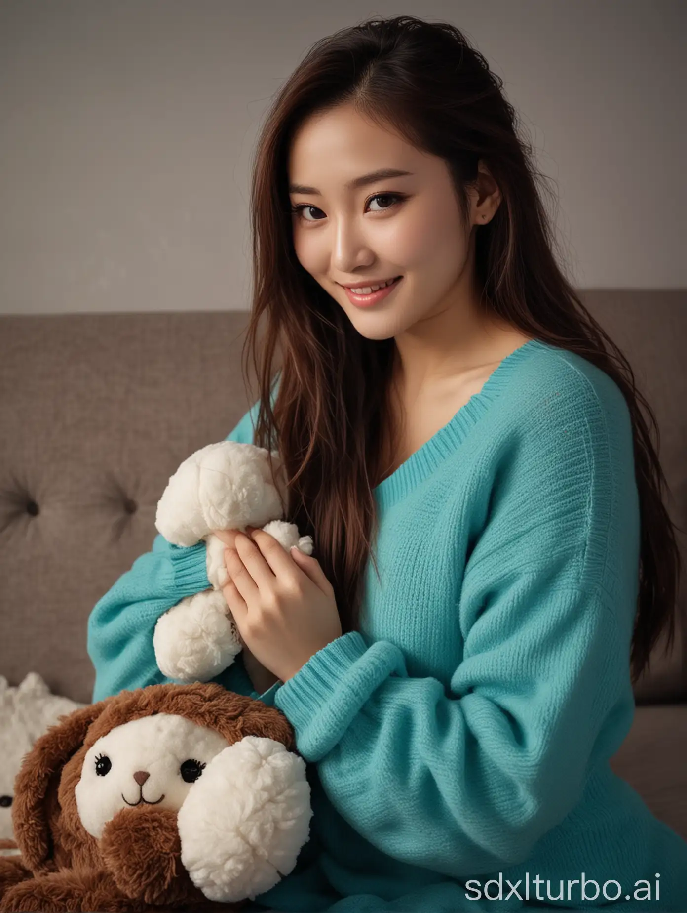 Chinese-Woman-in-Turquoise-Sweater-and-Skirt-Hugging-Stuffed-Animal-on-Winter-Night