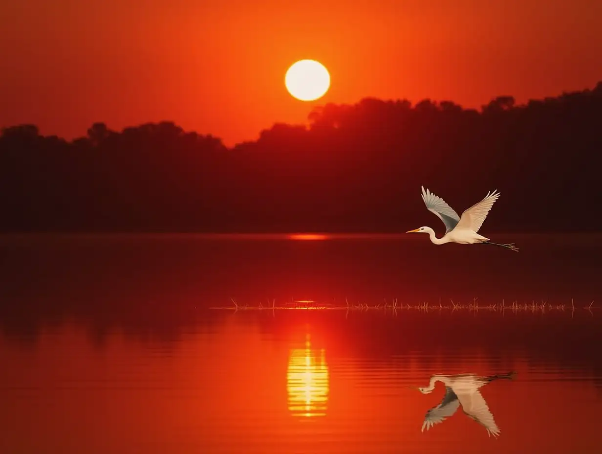 Crimson sunset and lone egret fly together, Autumn water and sky the same color.