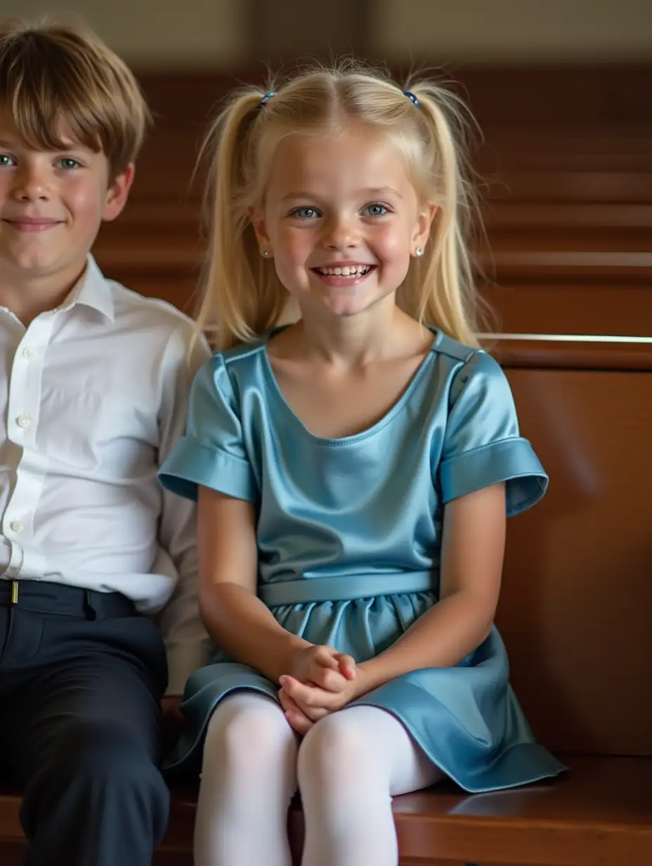 Blonde-Girl-in-Blue-Satin-Dress-and-Brother-Sitting-in-Church-Pew