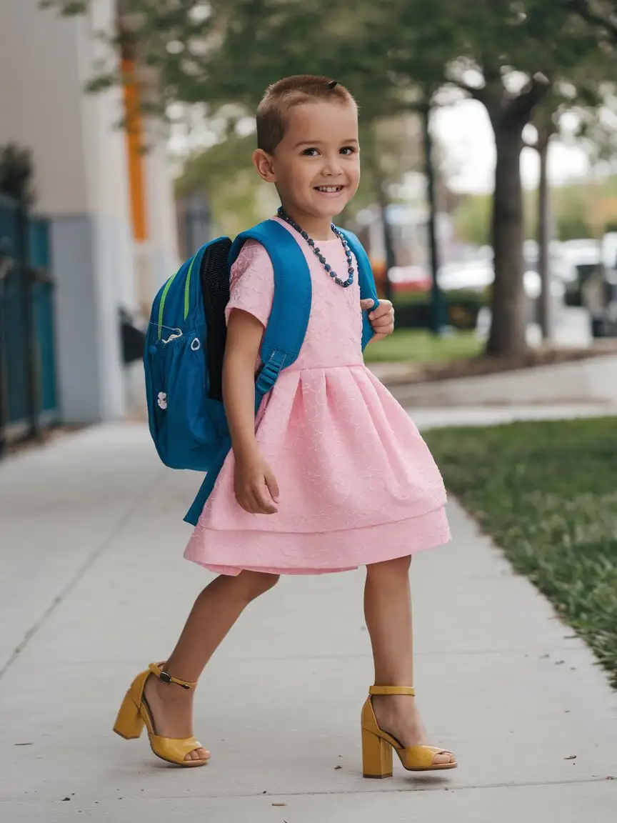 little young boy wearing pink dress with yellow block heel  high heels and walk to school and smiling